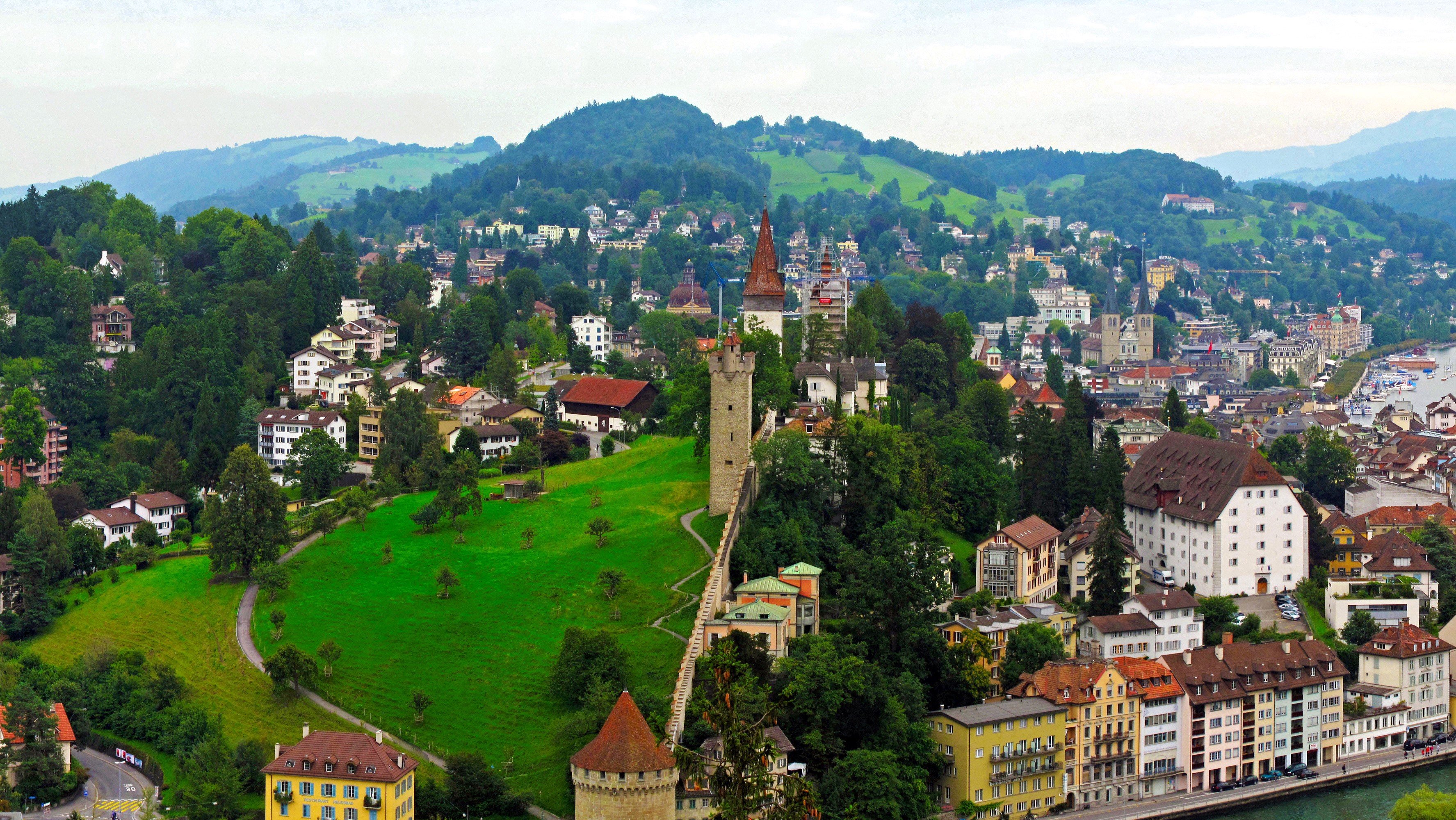 Luzern, Switzerland cityscape with mountains and river HD Wallpaper