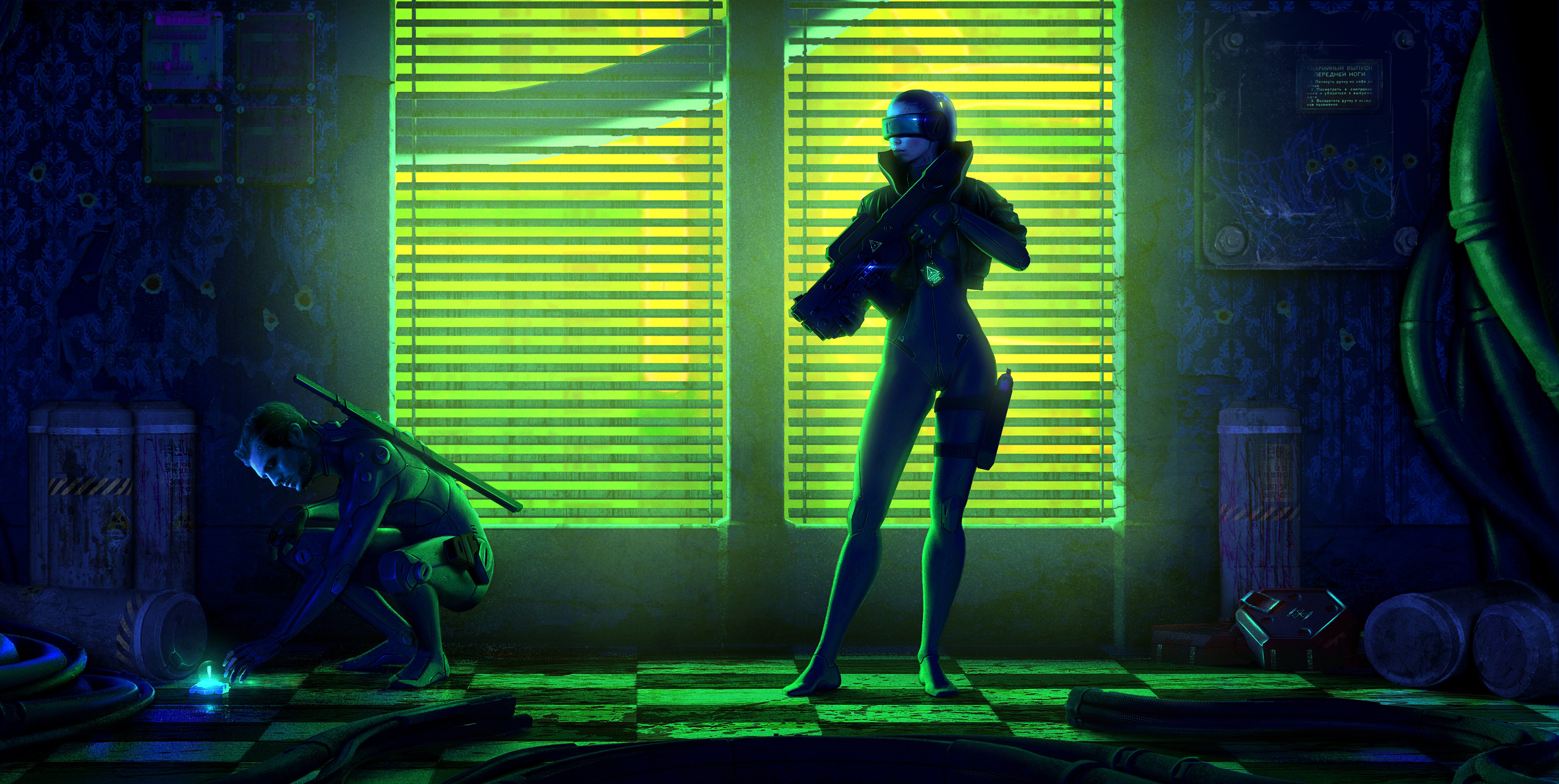 4K Sci-fi Soldiers in Neon Room HD Wallpaper