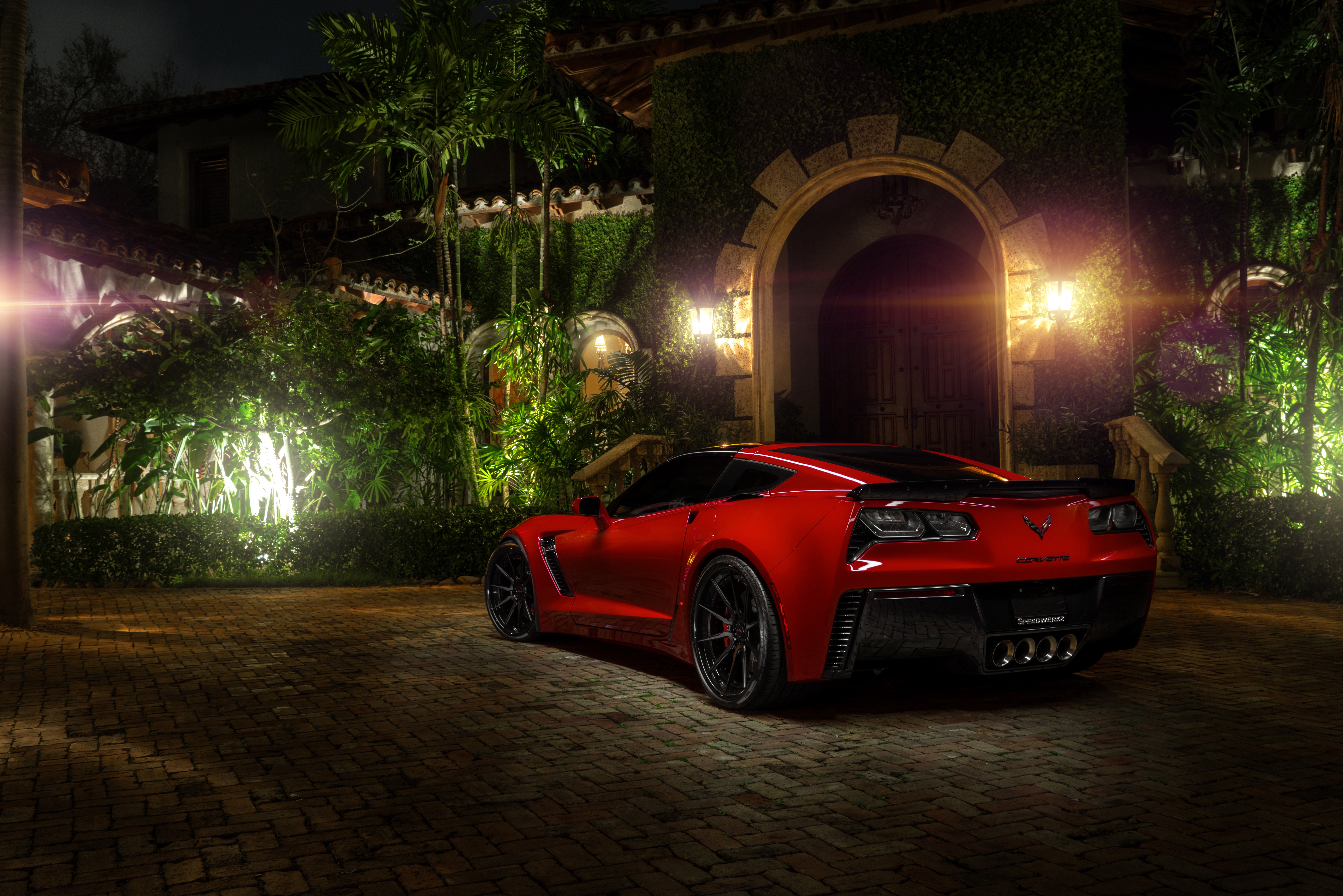 Red Chevrolet Corvette C7 Z06 at Night HD Wallpaper