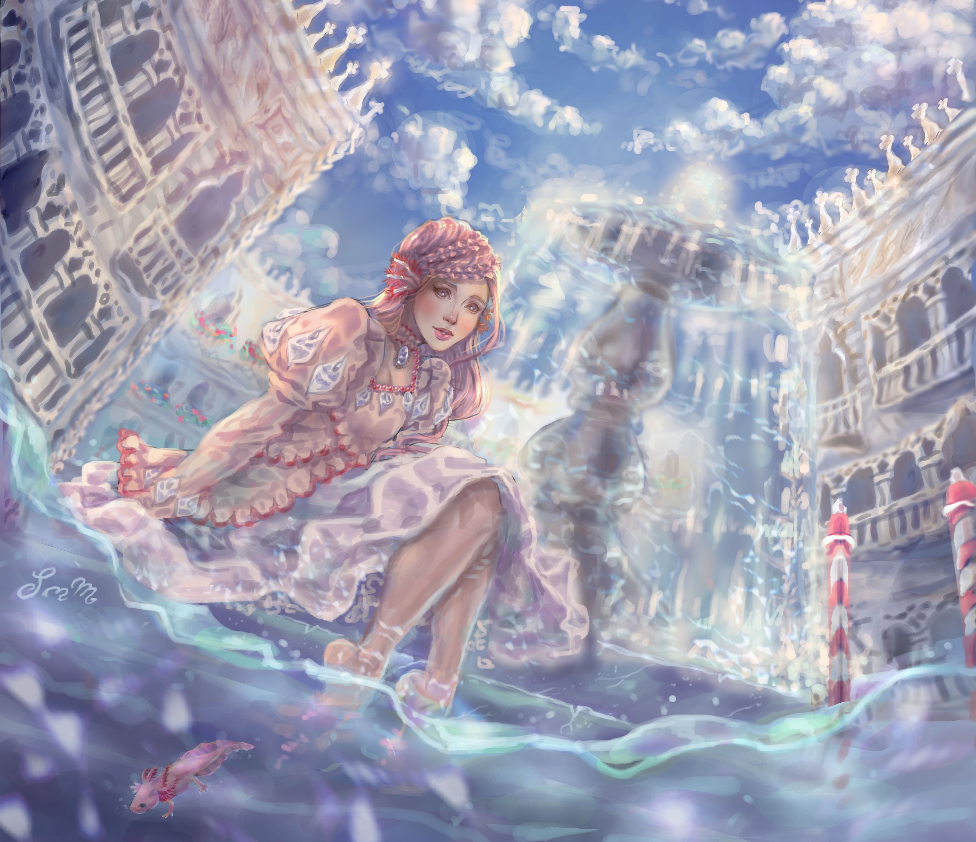 Girl in pink dress in a fantasy world with water and buildings HD Wallpaper