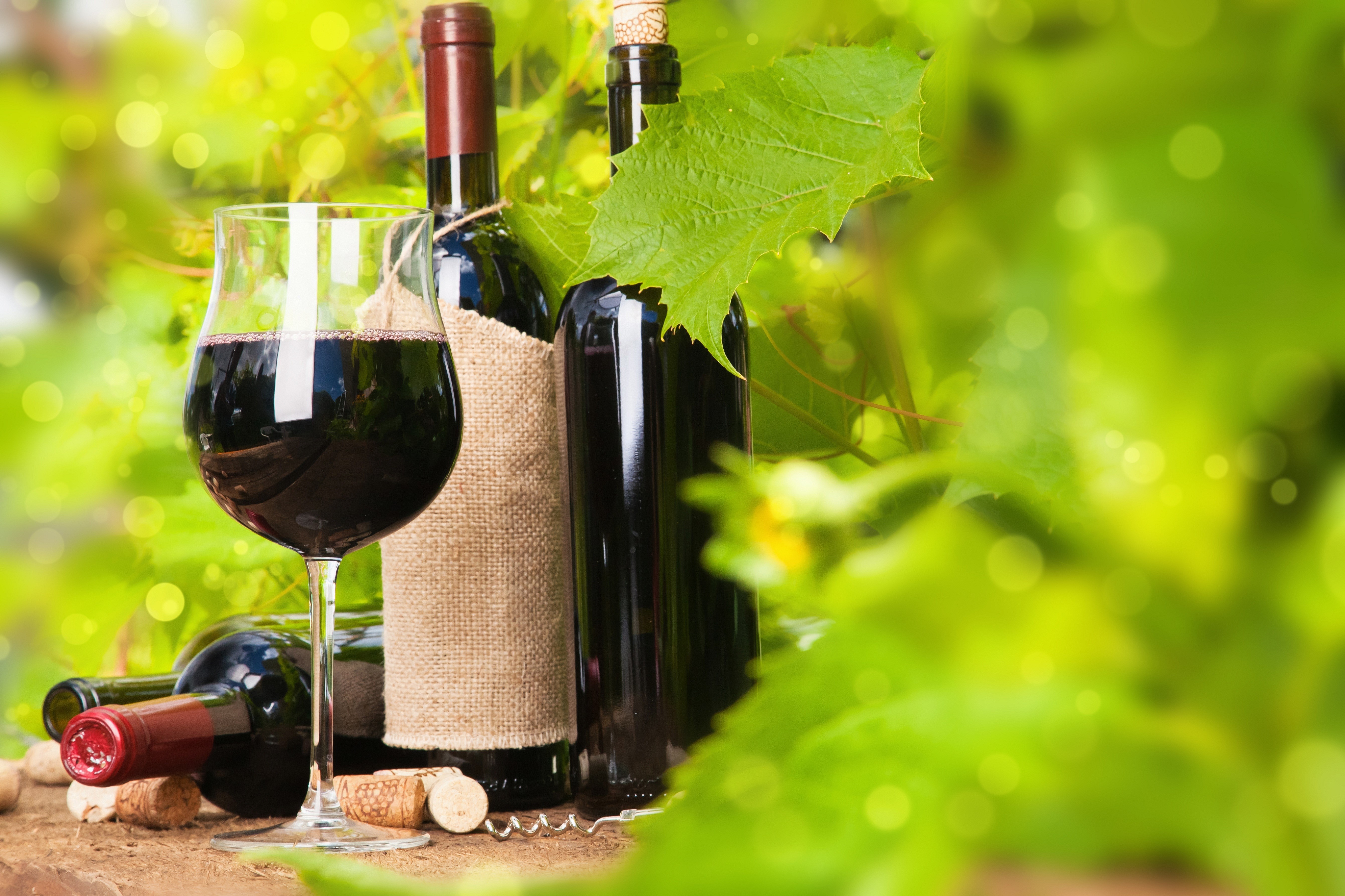 Wine bottles and glass with corks HD Wallpaper