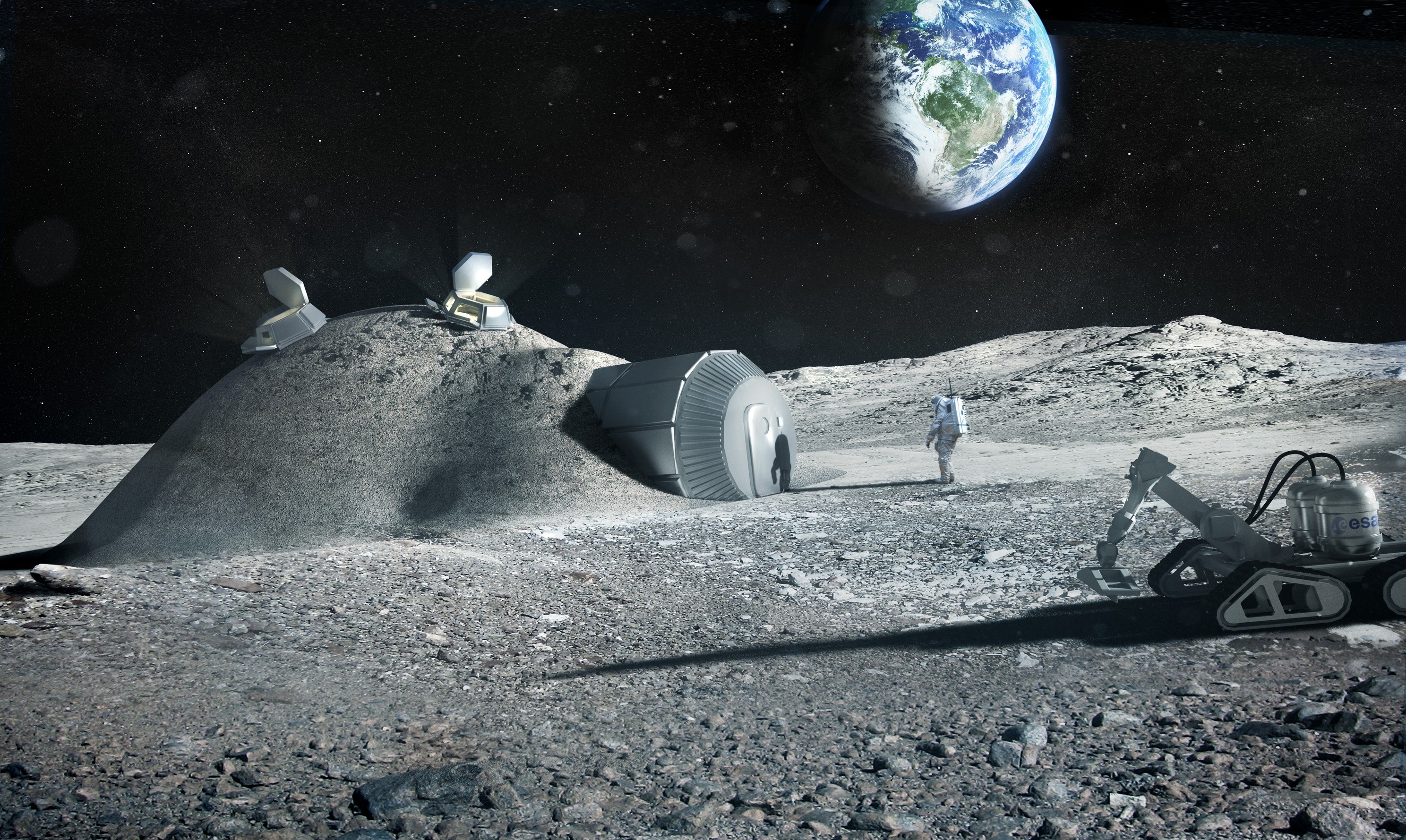 Astronauts and rover on the Moon with Earth in the background HD Wallpaper