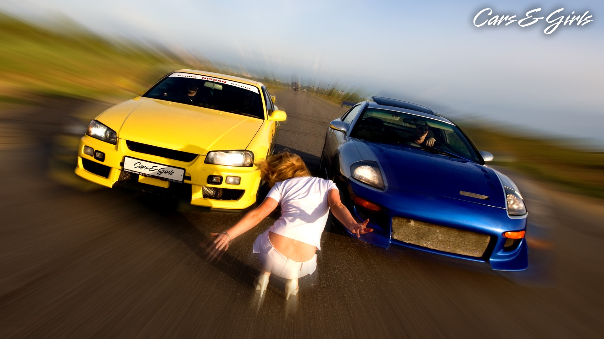 Yellow and blue sports cars with a woman HD Wallpaper