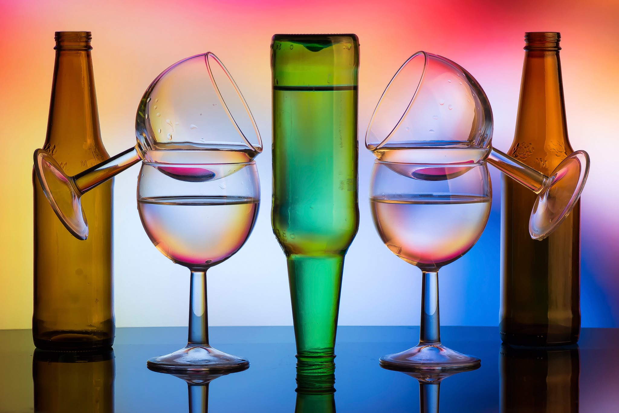 Bottles and wine glasses with colorful background HD Wallpaper