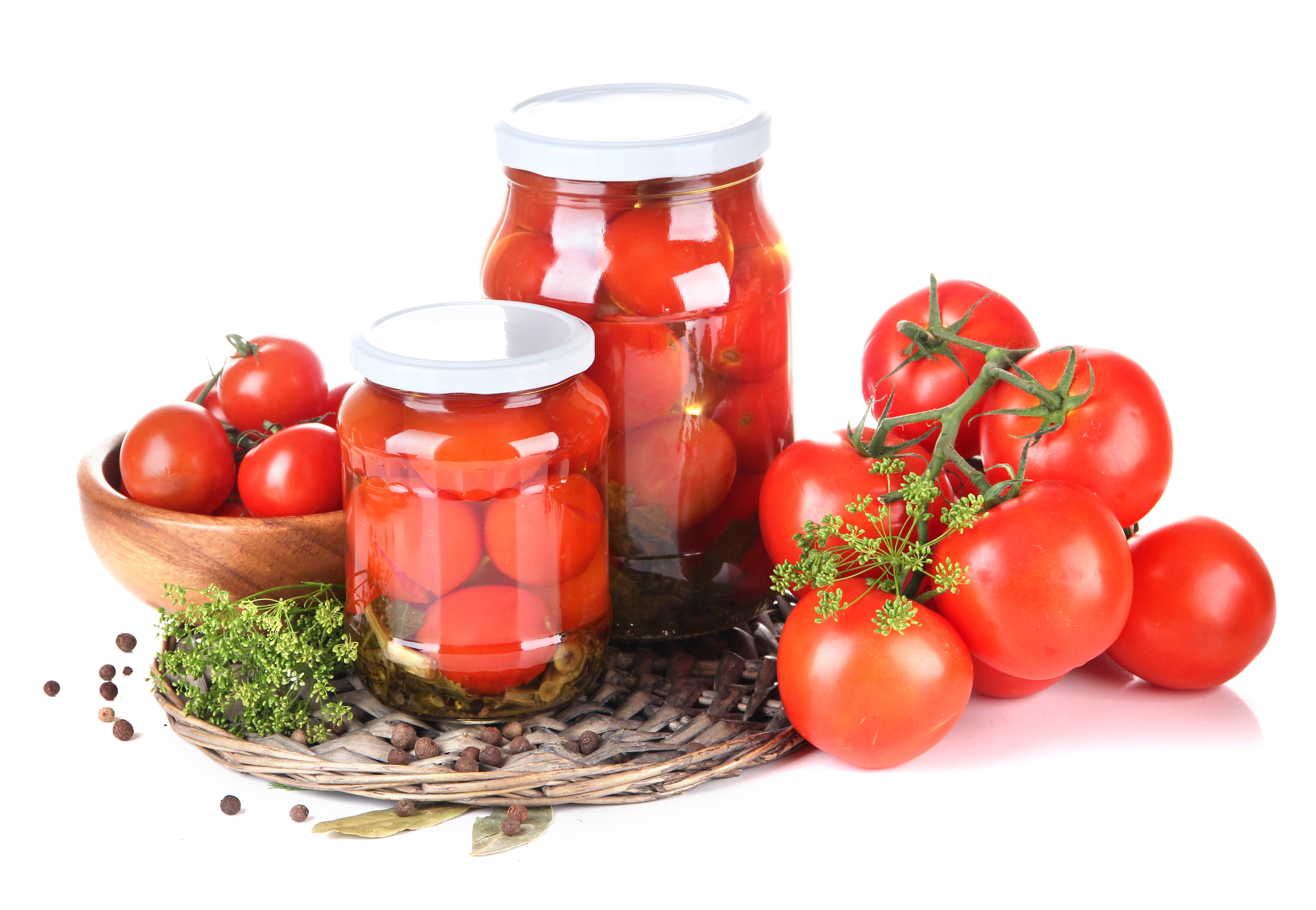 Preserved Tomatoes in Jars with Fresh Tomatoes and Dill HD Wallpaper