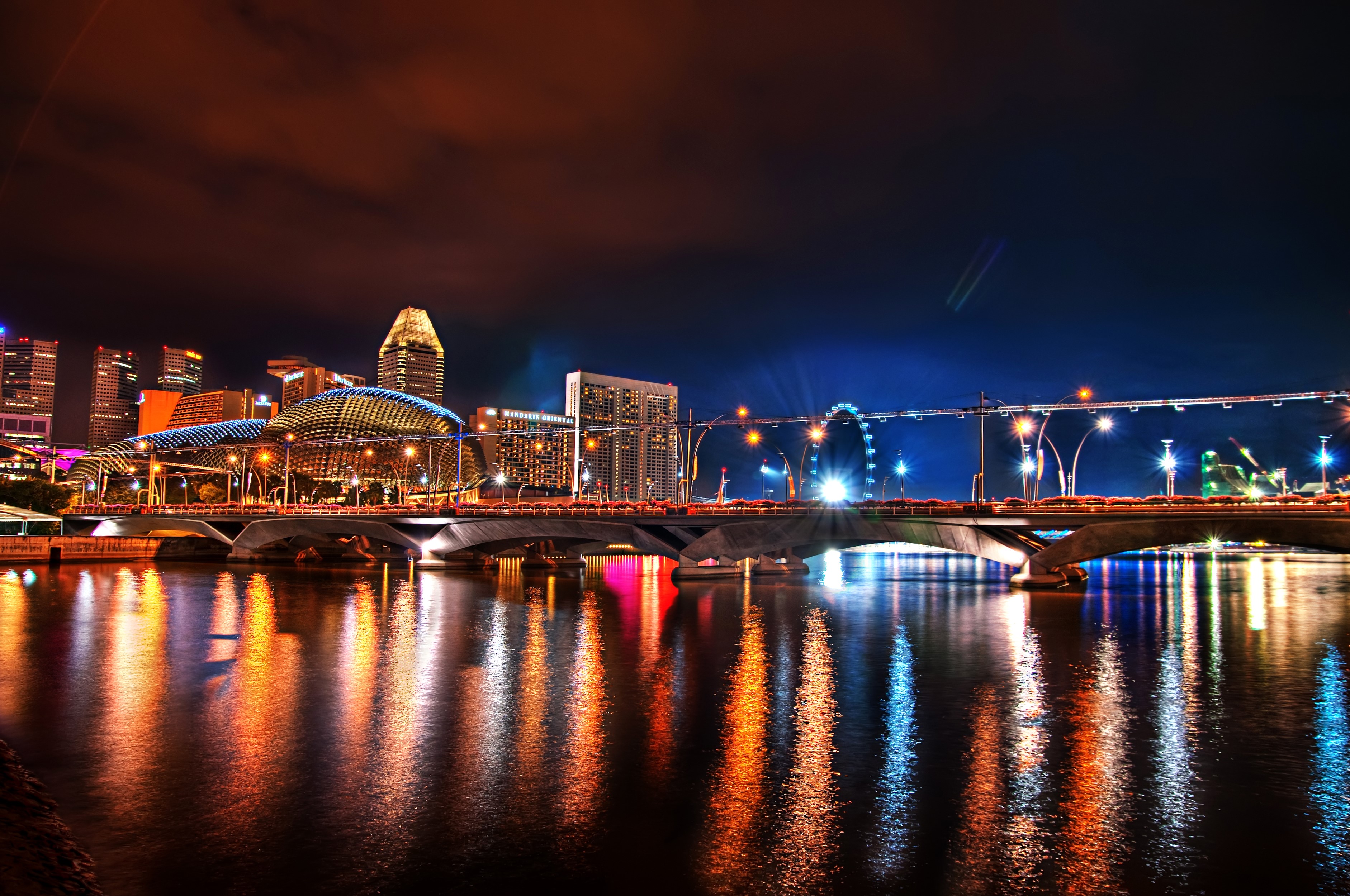 Singapore skyline with bridge and river at night HD Wallpaper
