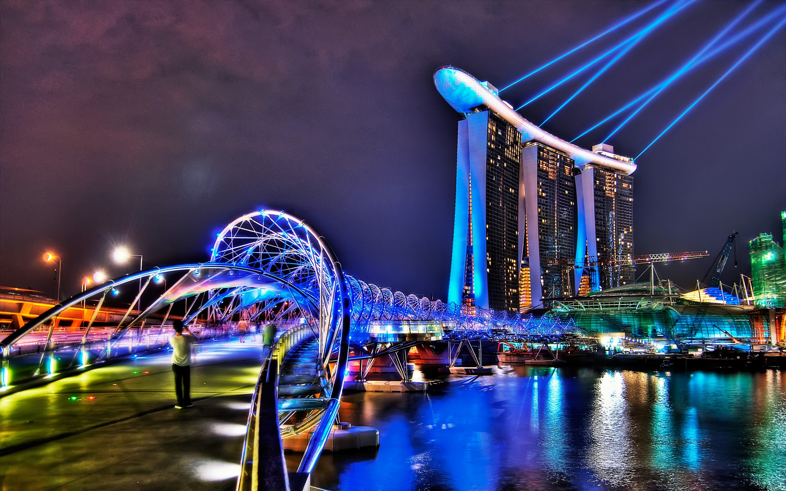 Singapore Marina Bay Sands and Helix Bridge at Night HD Wallpaper