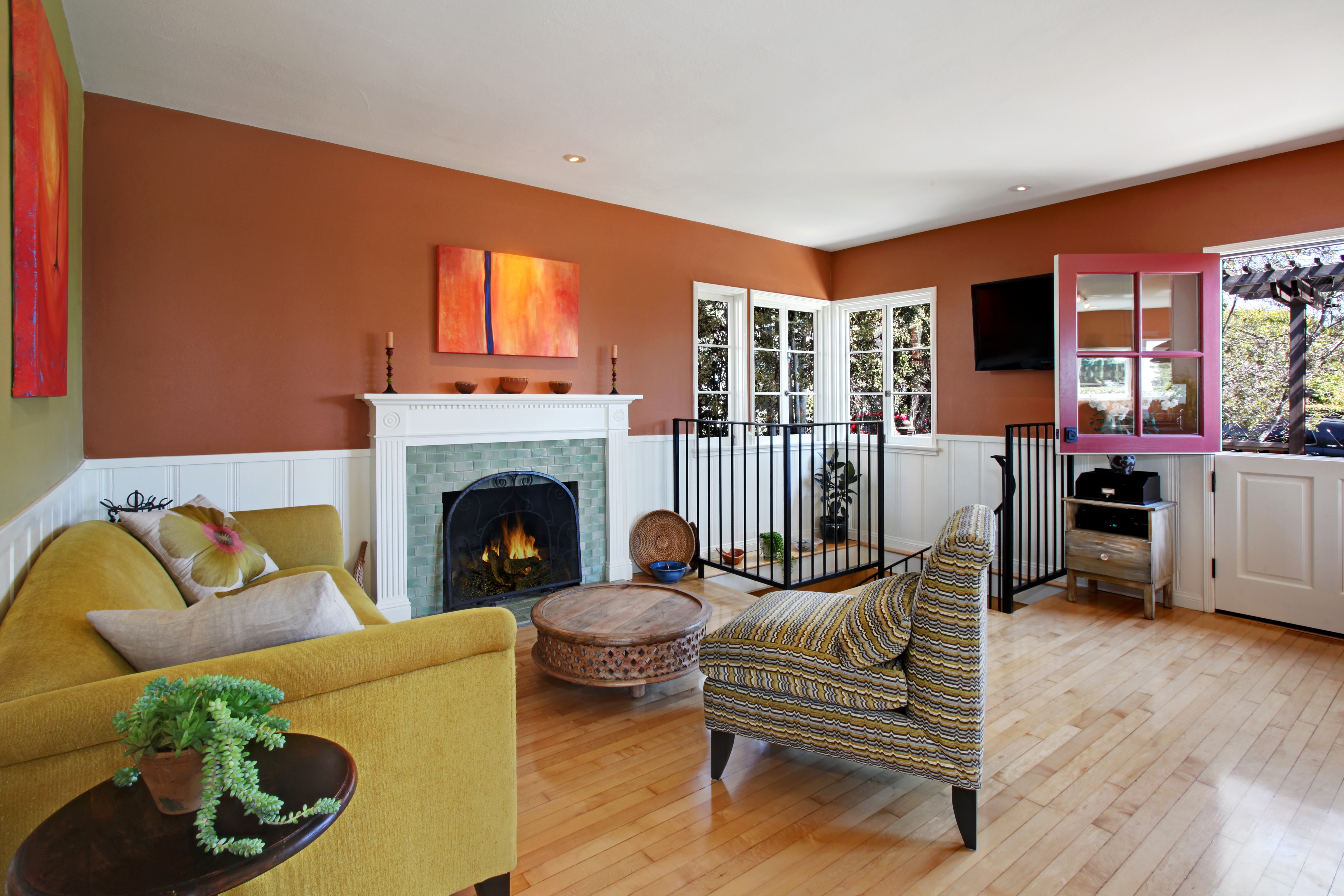 Living room with fireplace and sofa HD Wallpaper