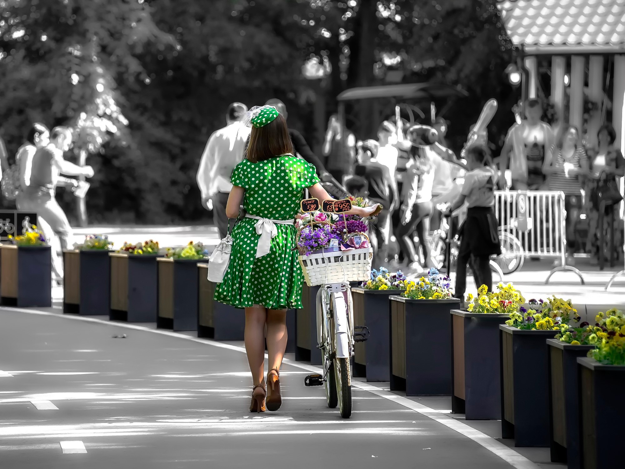 Woman in green polka dot dress with bicycle HD Wallpaper