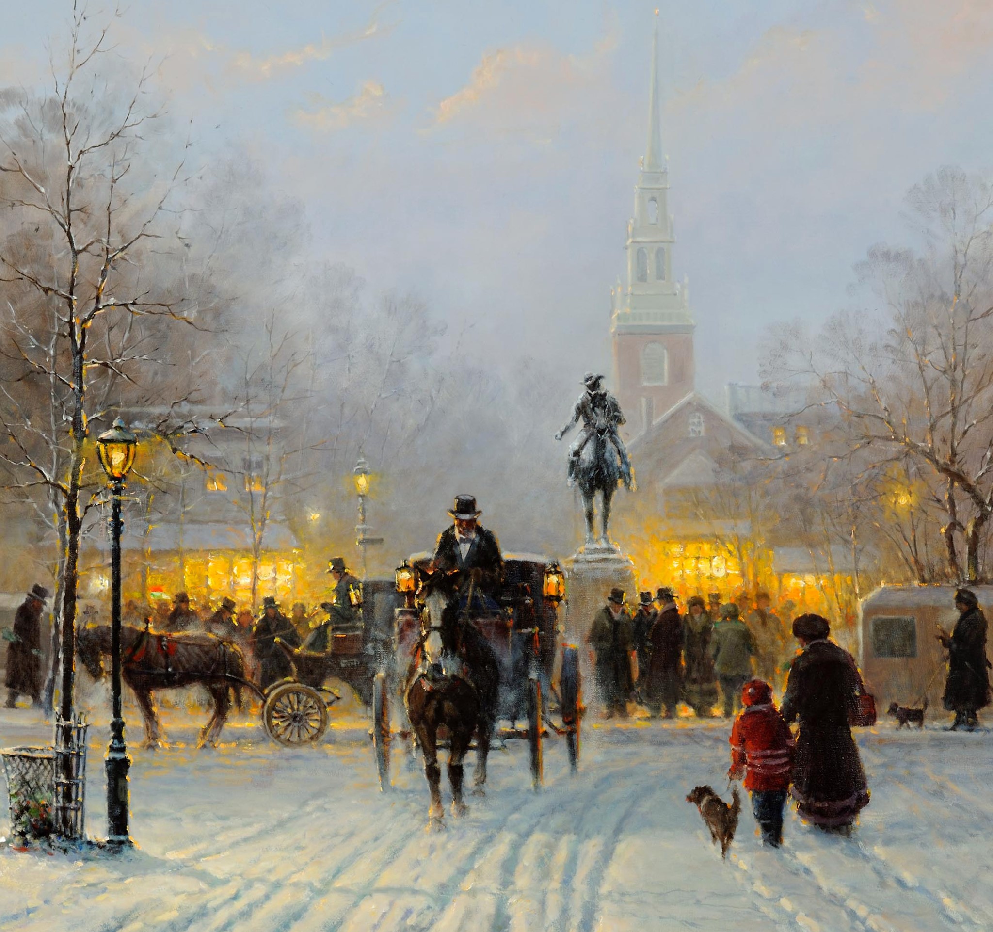 Winter Evening in Old Boston with Horse-Drawn Carriages HD Wallpaper
