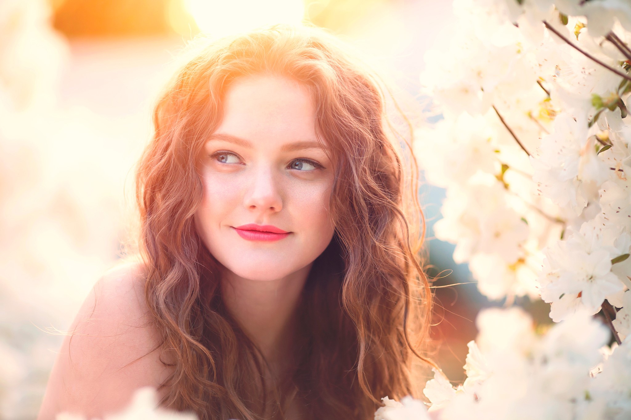 Young woman with curly brown hair and blue eyes HD Wallpaper