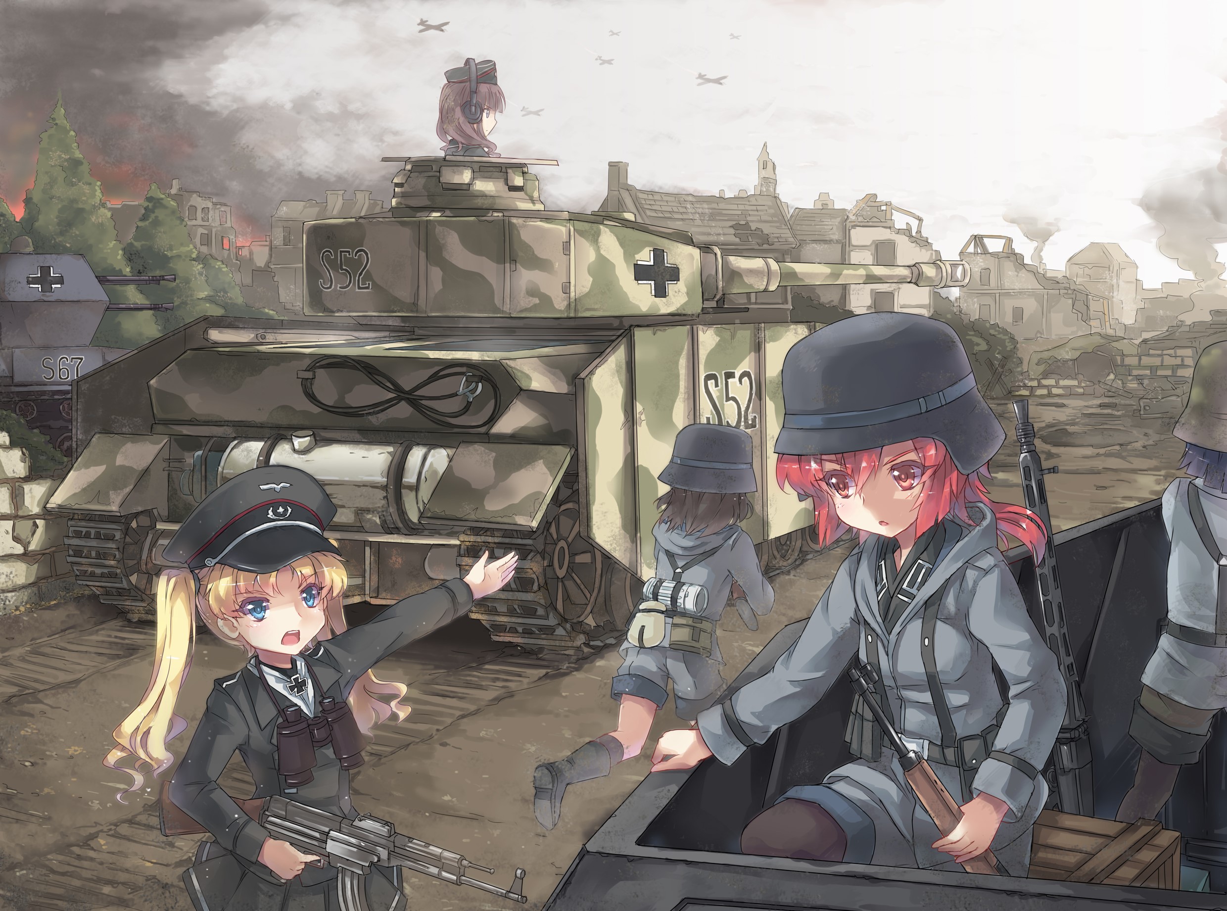 Girls in military uniforms with tanks and planes HD Wallpaper