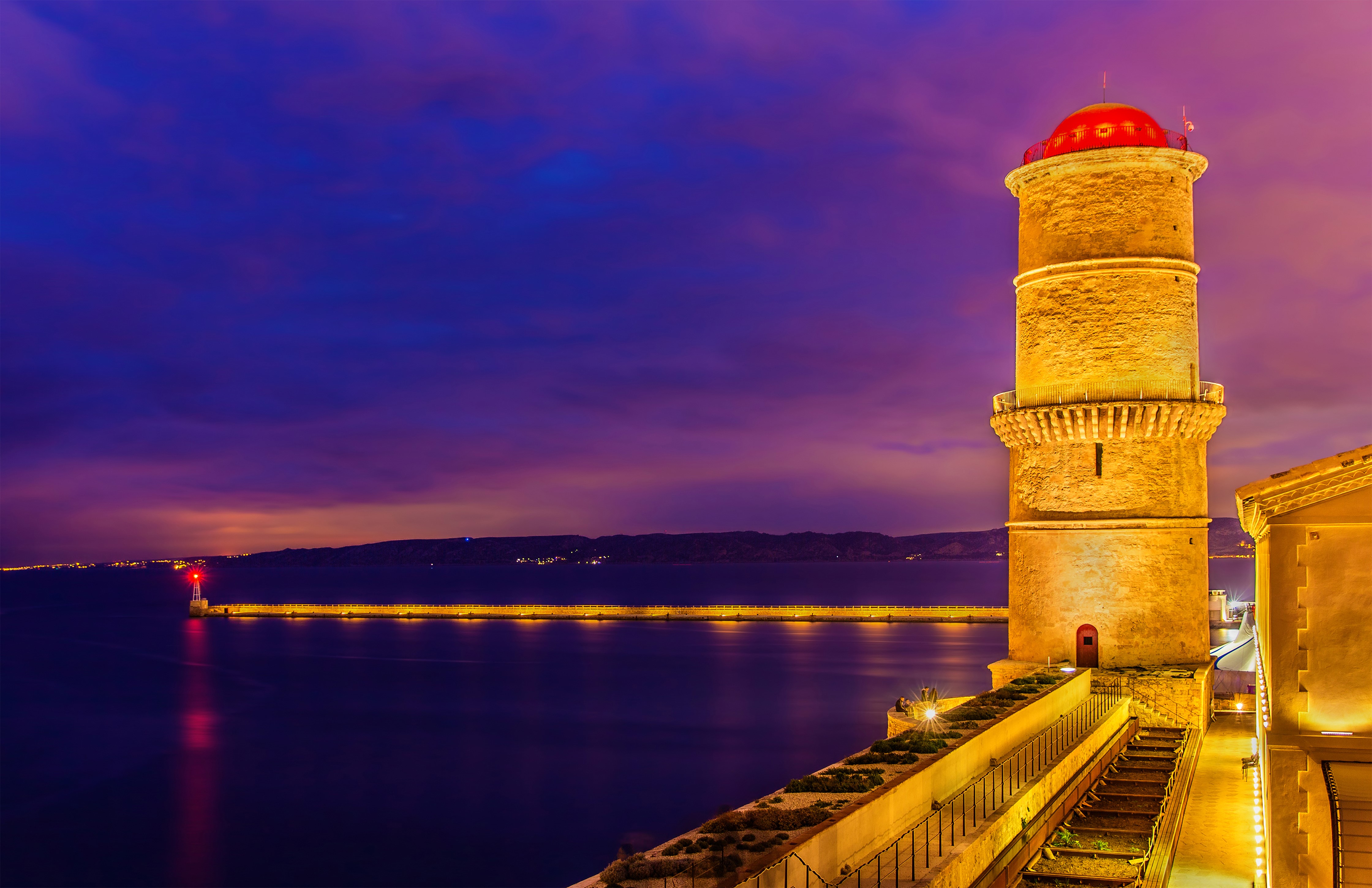 4K Lighthouse at Night in Marseille, France HD Wallpaper