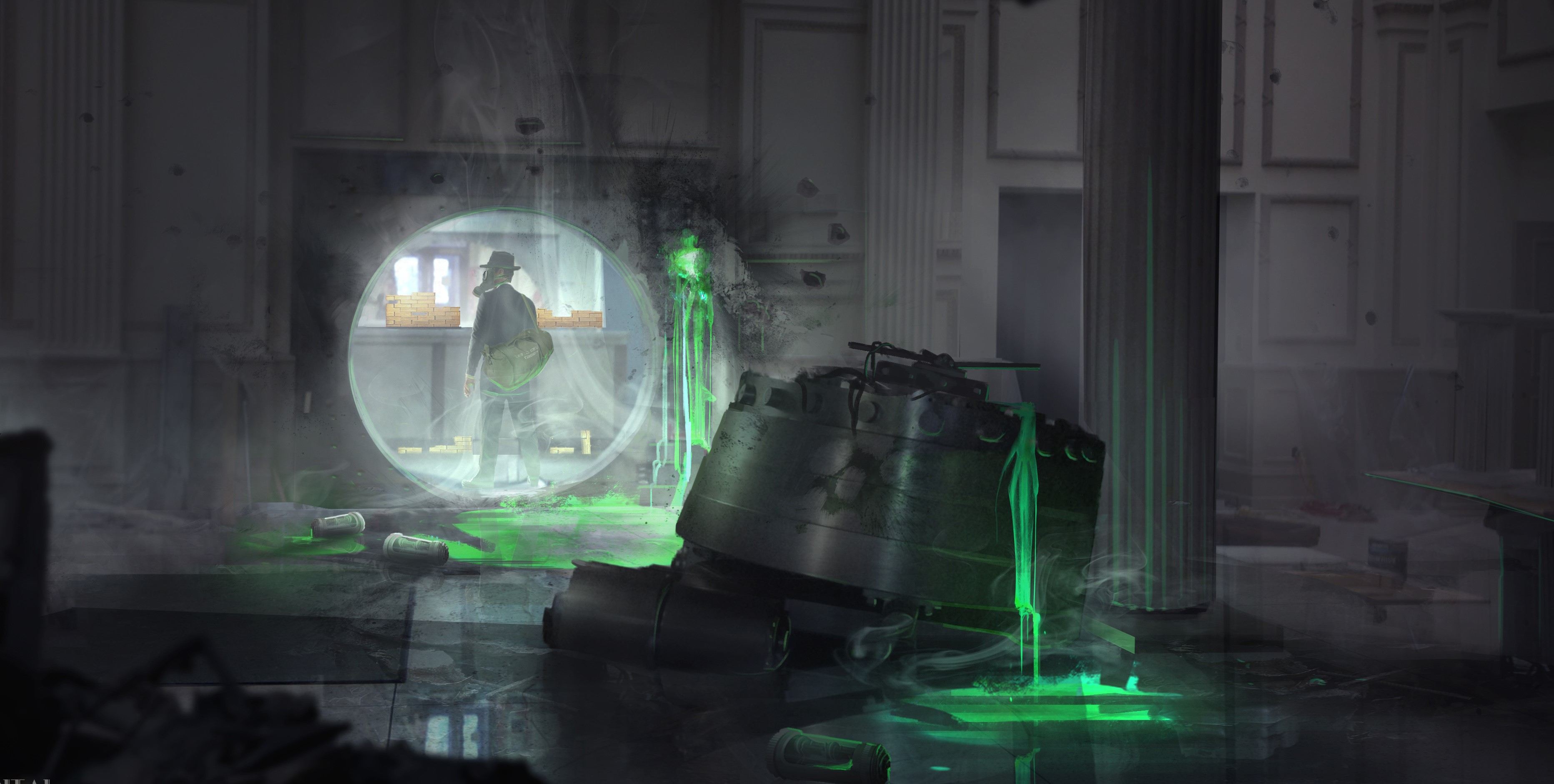 Man in a bank with glowing green substance HD Wallpaper
