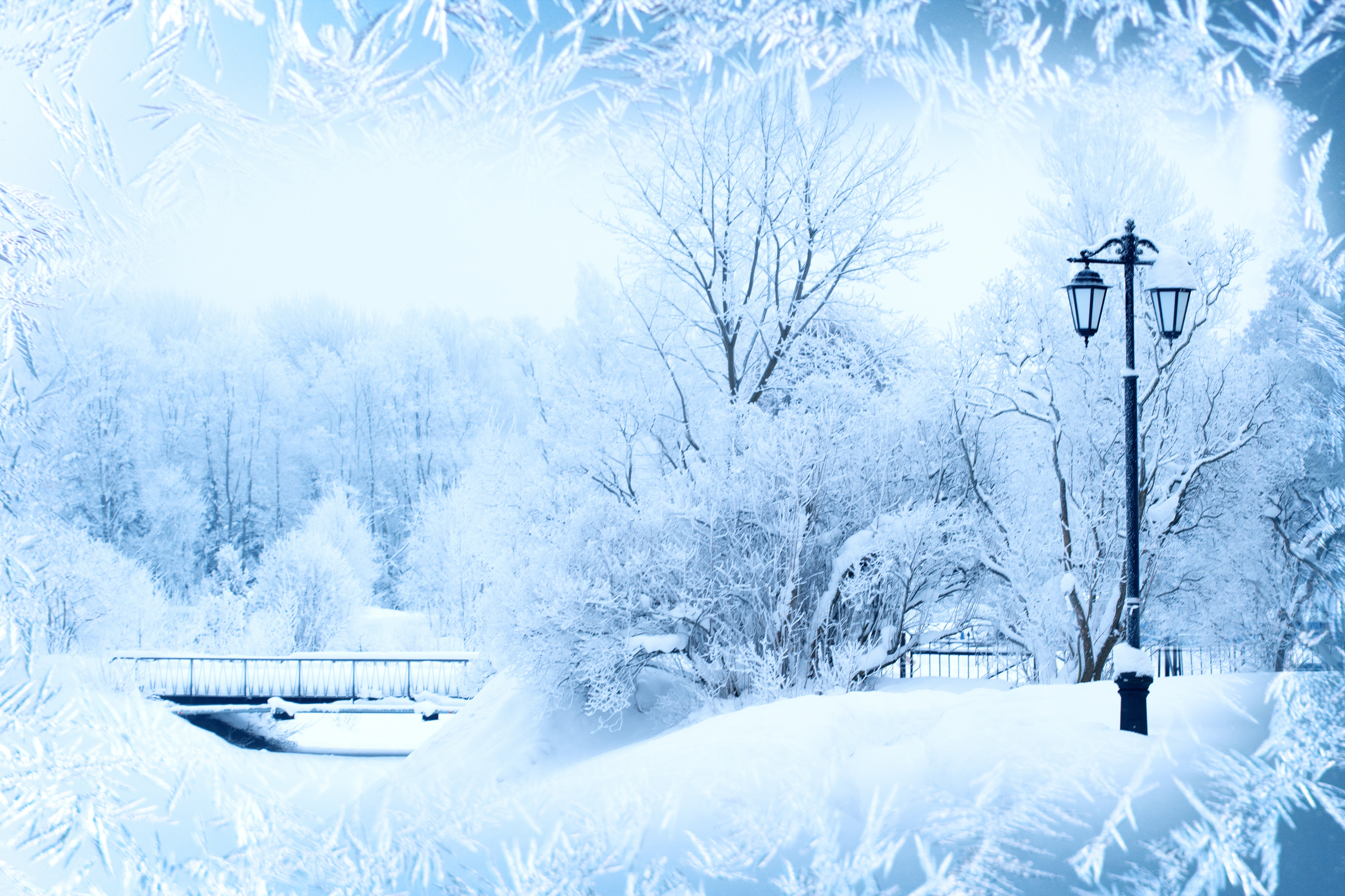 Winter park with bridge and street light HD Wallpaper