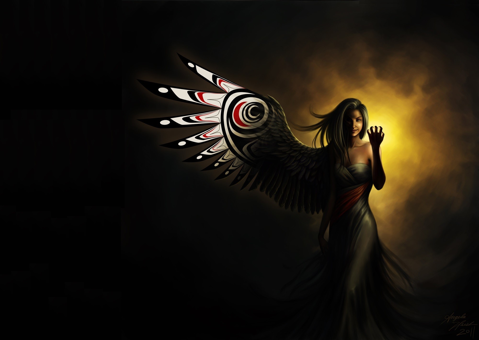 Angel with tribal patterned wing HD Wallpaper