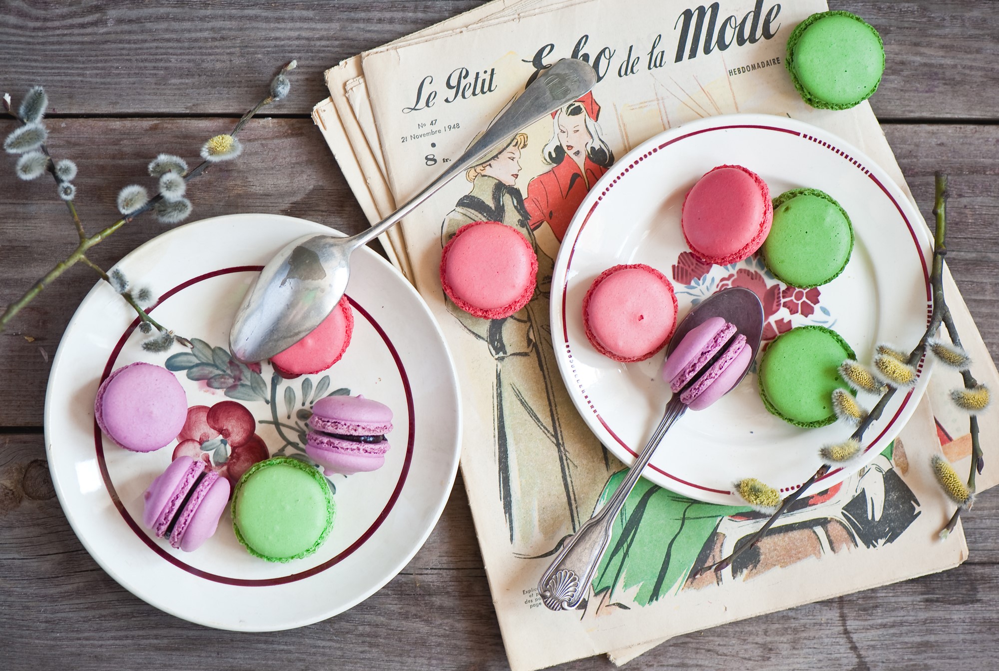 Macarons on plates with vintage magazine and pussy willow branches HD Wallpaper
