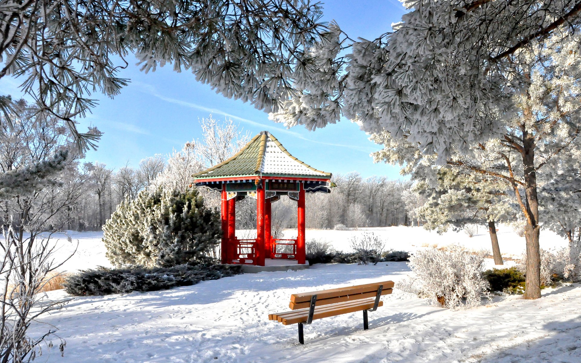 Winter scene with a gazebo and a bench HD Wallpaper