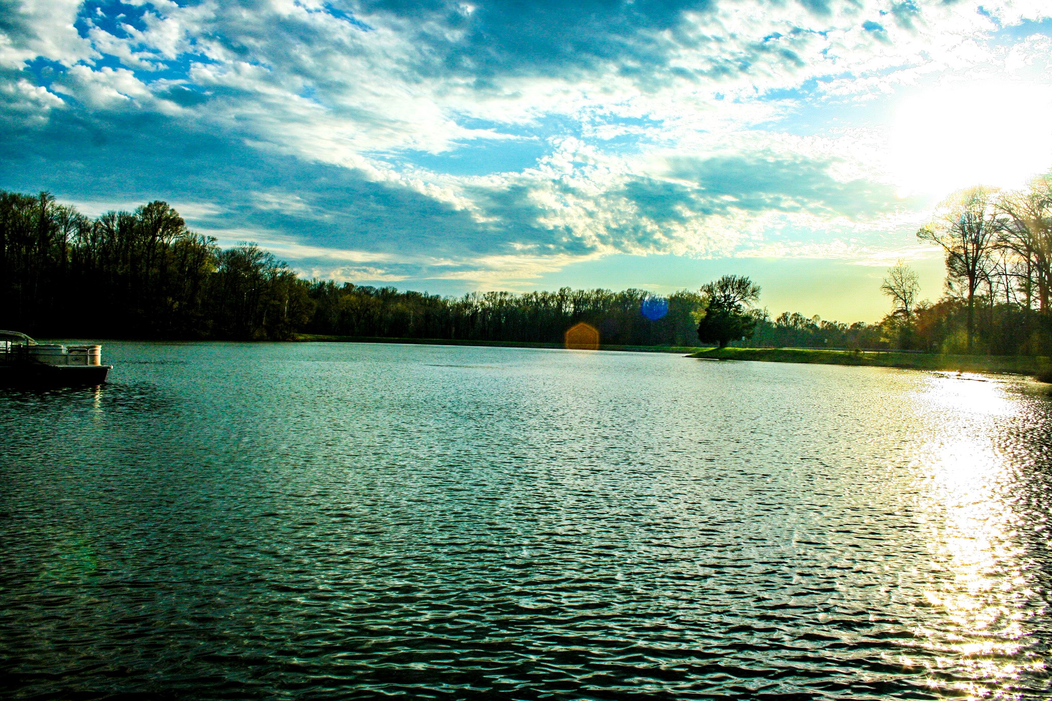Lake with trees and a bright sky HD Wallpaper