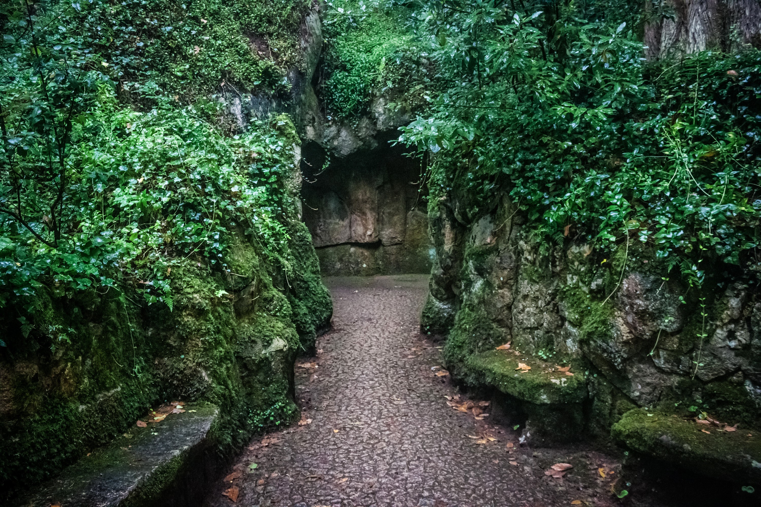 Mossy stone benches and path leading to a cave entrance HD Wallpaper