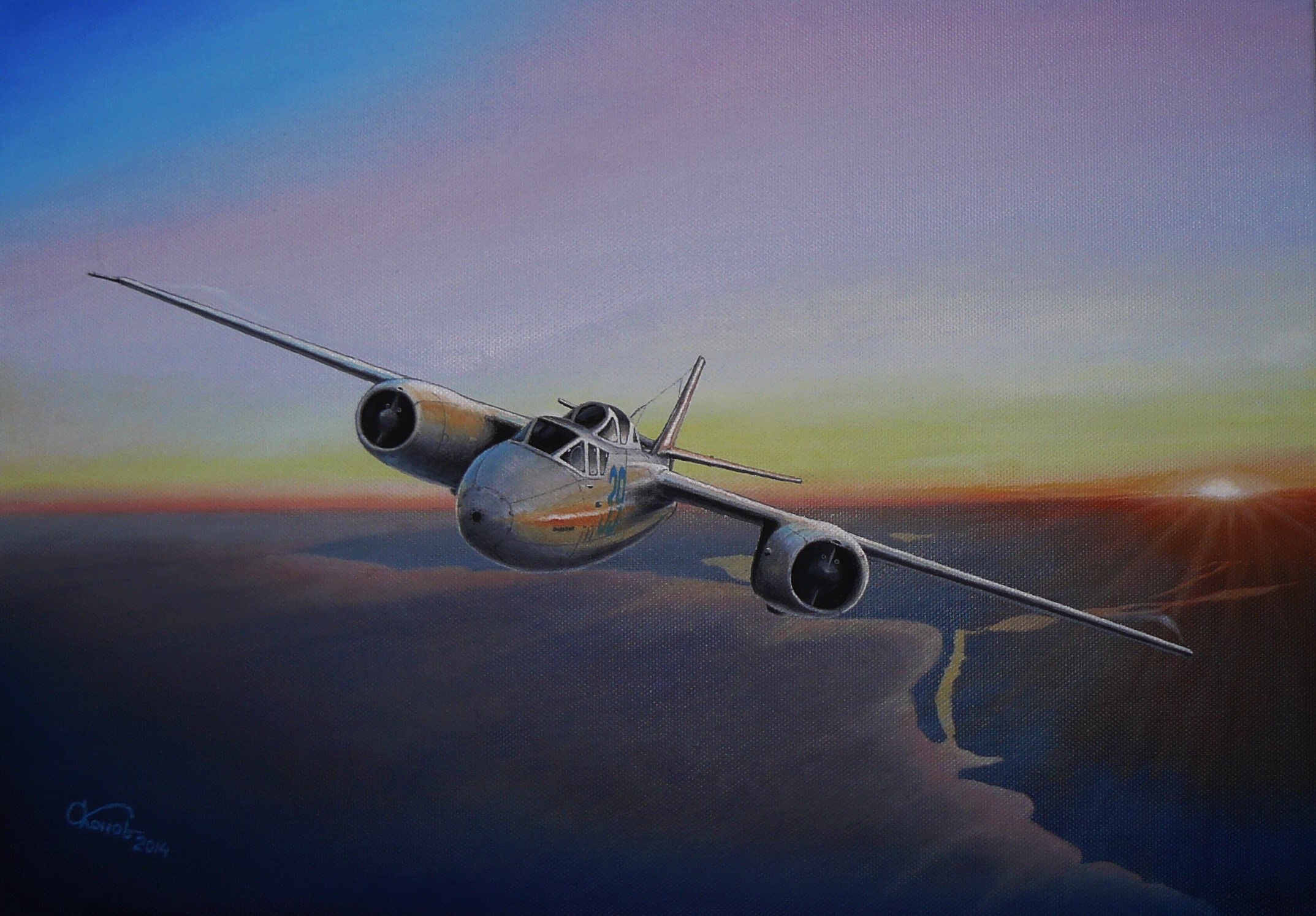 IL-28U bomber flying over a bay at sunset HD Wallpaper