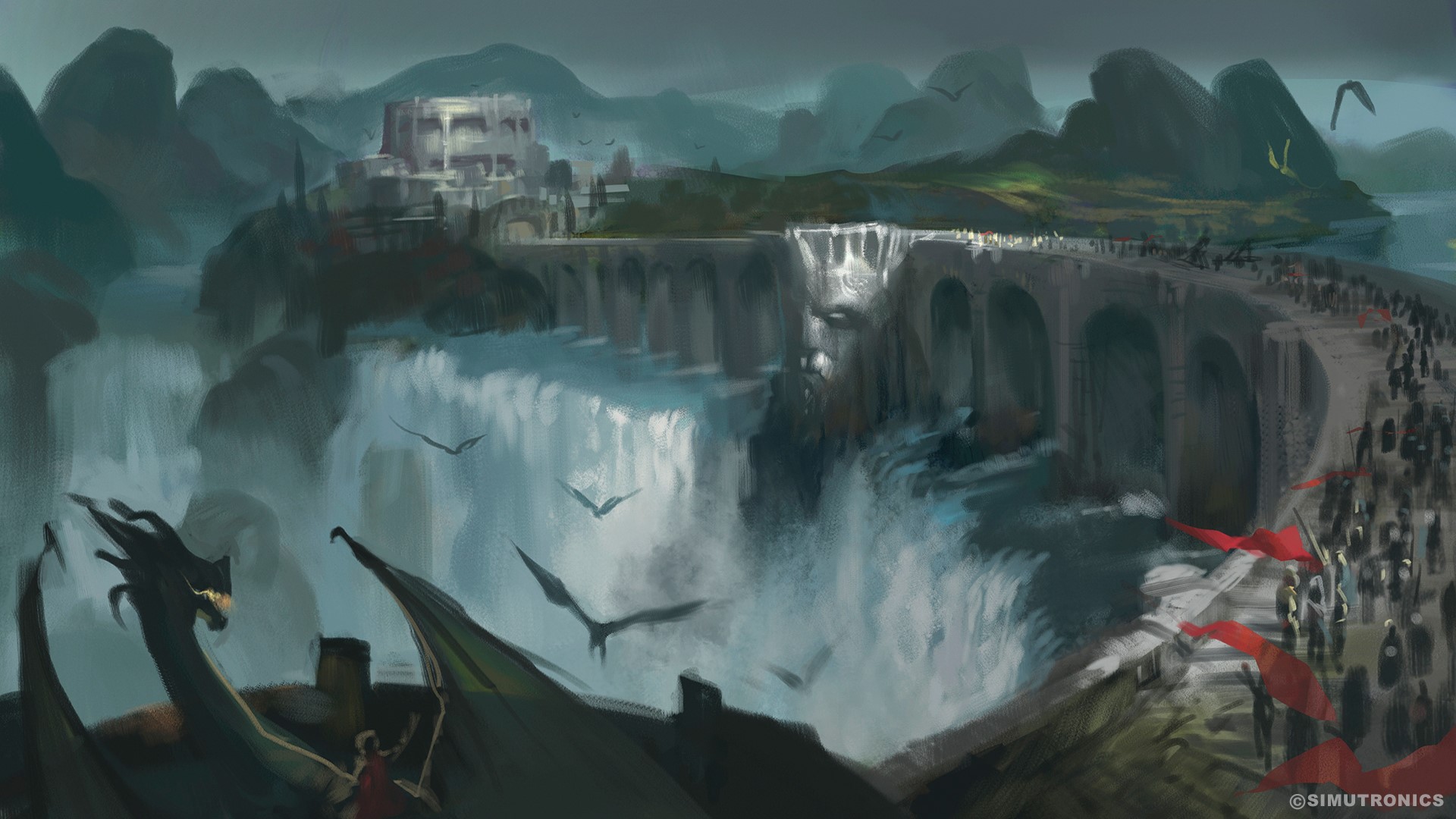 Dragons flying over a bridge with a castle and waterfalls HD Wallpaper