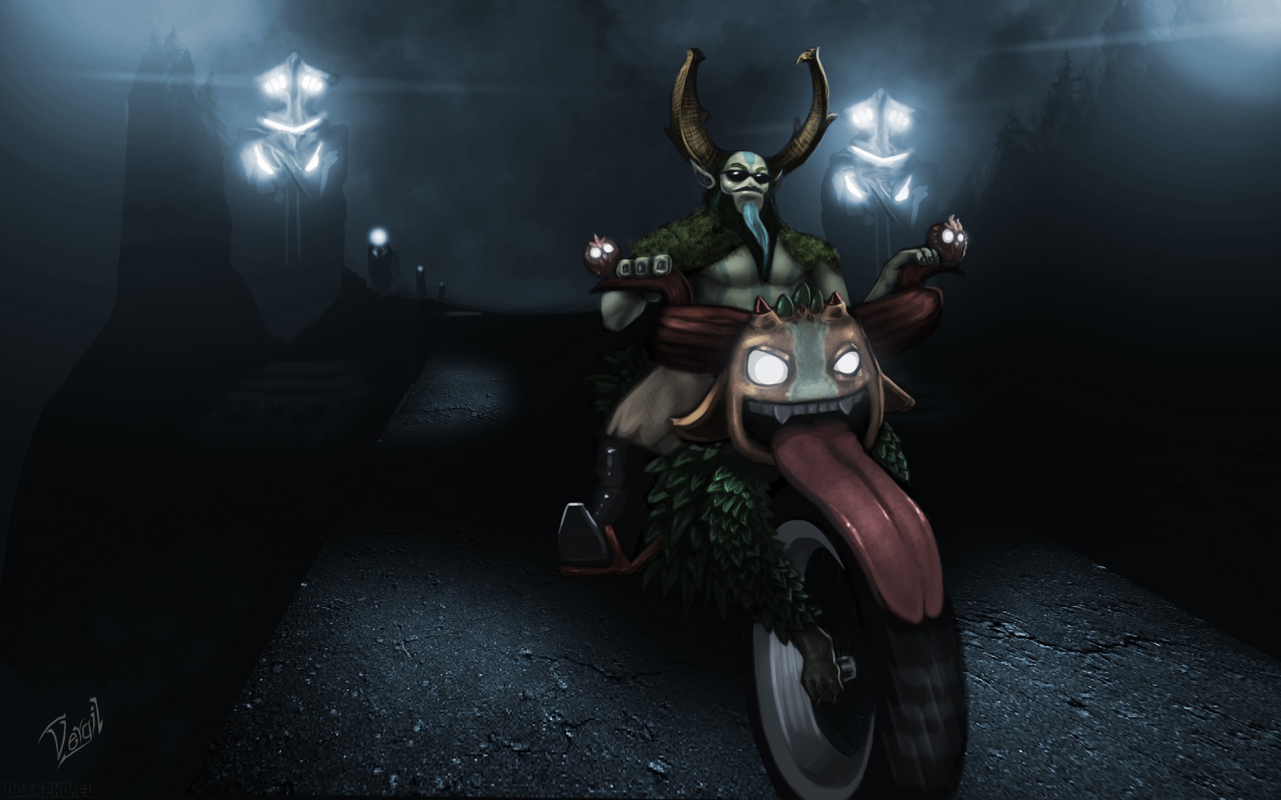 Nature's Prophet Furion from DOTA 2 riding a motorcycle HD Wallpaper
