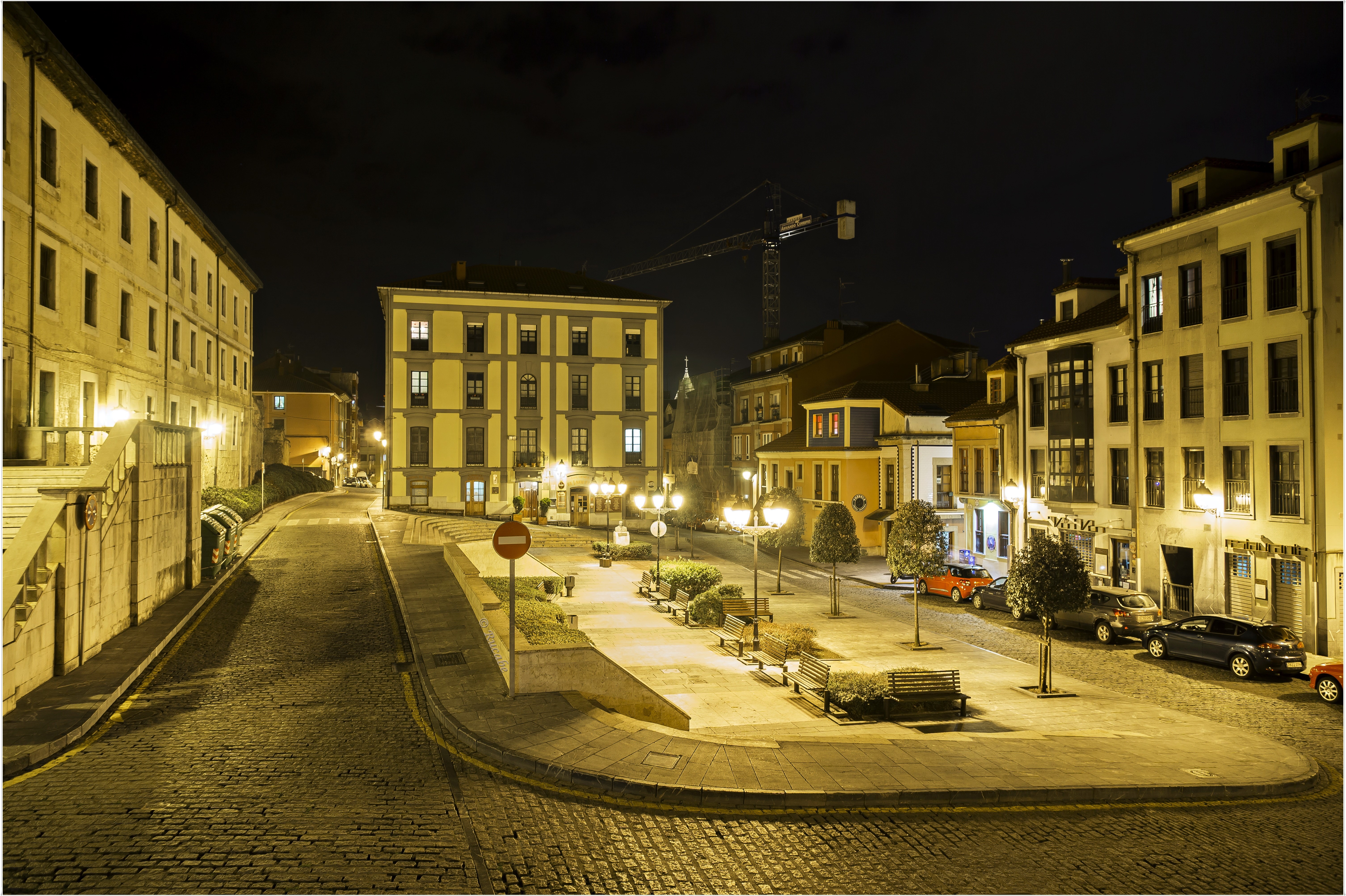 Night street in Spain with houses and street lights HD Wallpaper