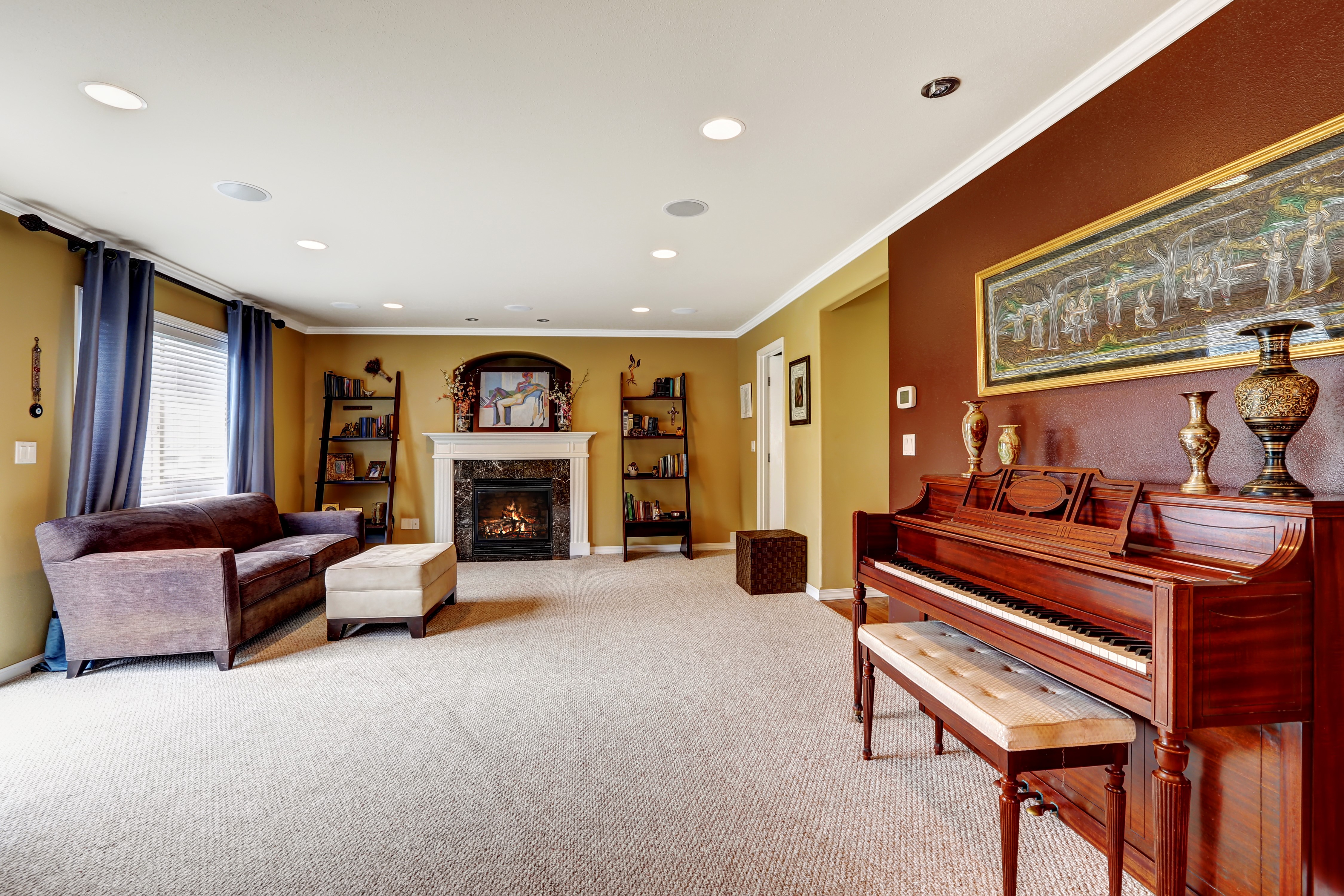 Living room with fireplace and piano HD Wallpaper