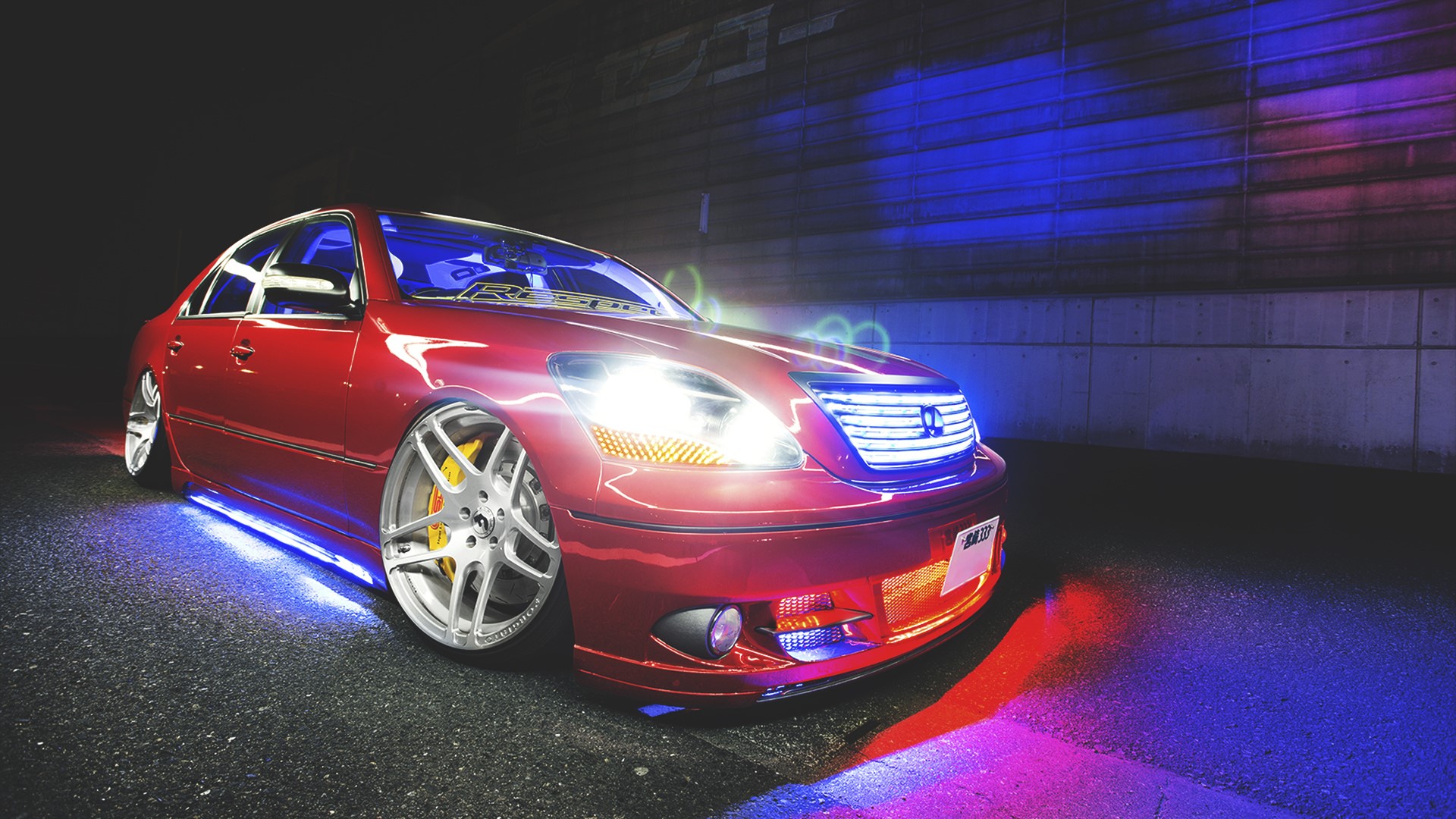 Red Lexus Celsior with blue underglow at night HD Wallpaper