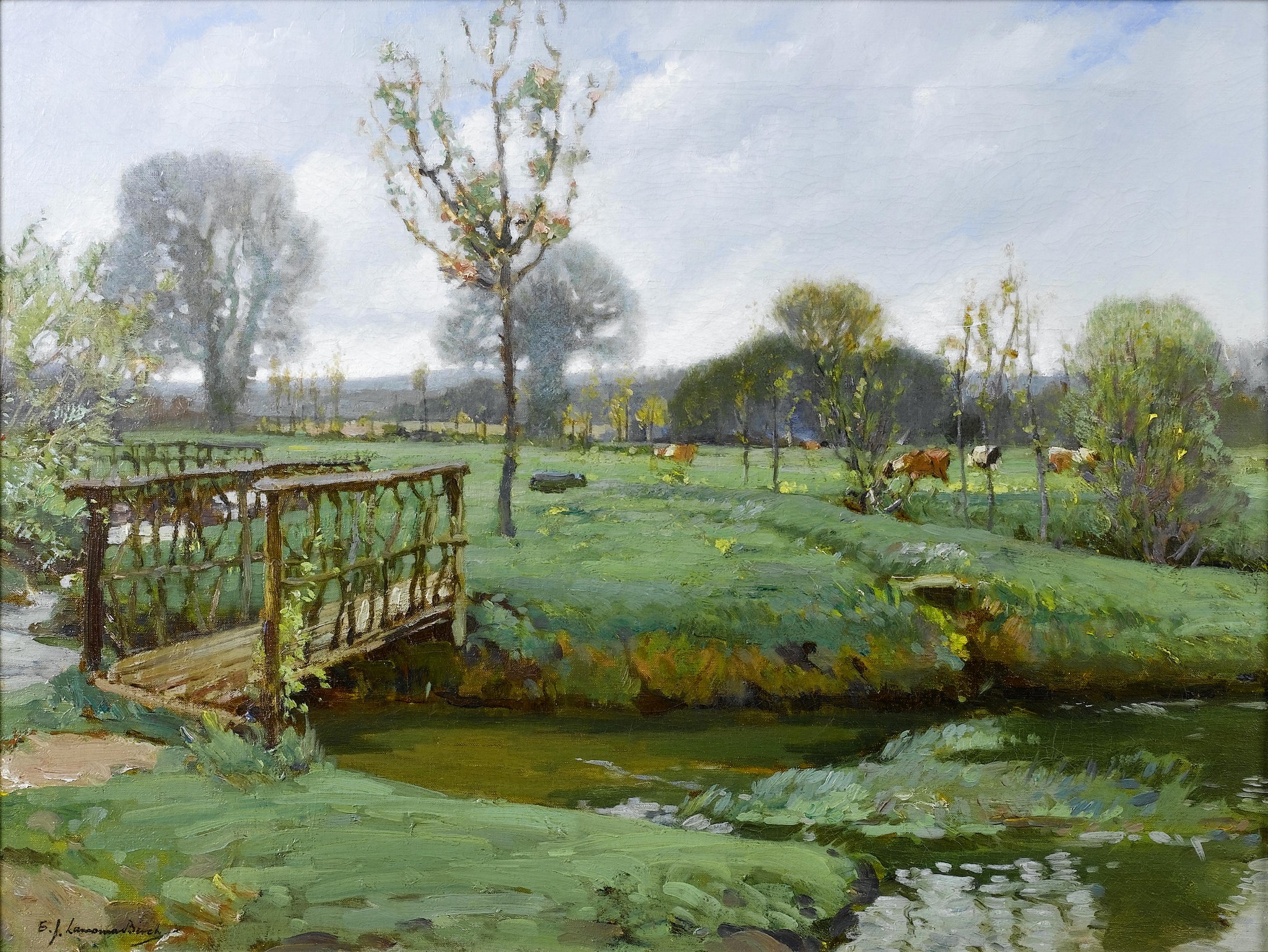 A Rustic Bridge Over a Stream with Cows in a Meadow HD Wallpaper