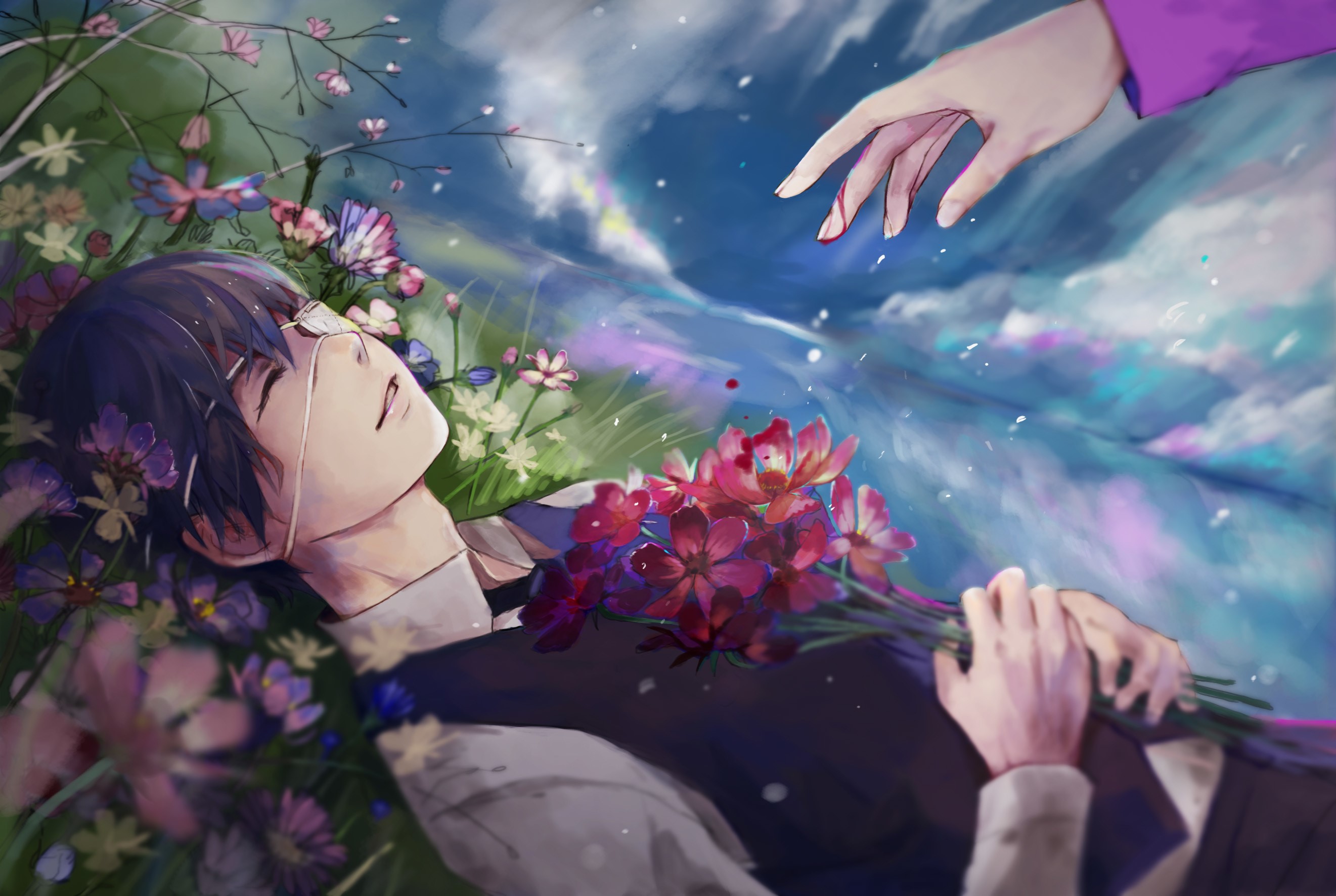 Ken Kaneki from Tokyo Ghoul with flowers HD Wallpaper