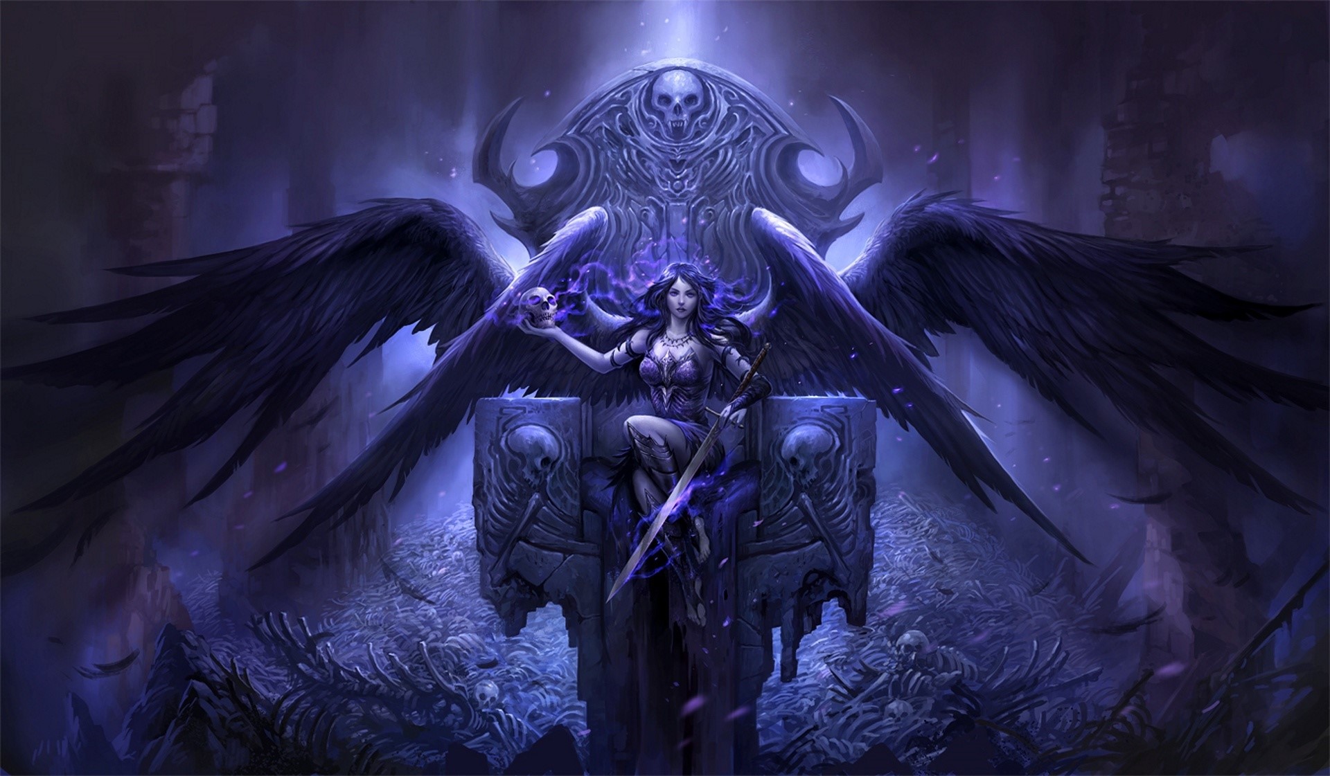 Dark Angel on a Throne of Skulls HD Wallpaper