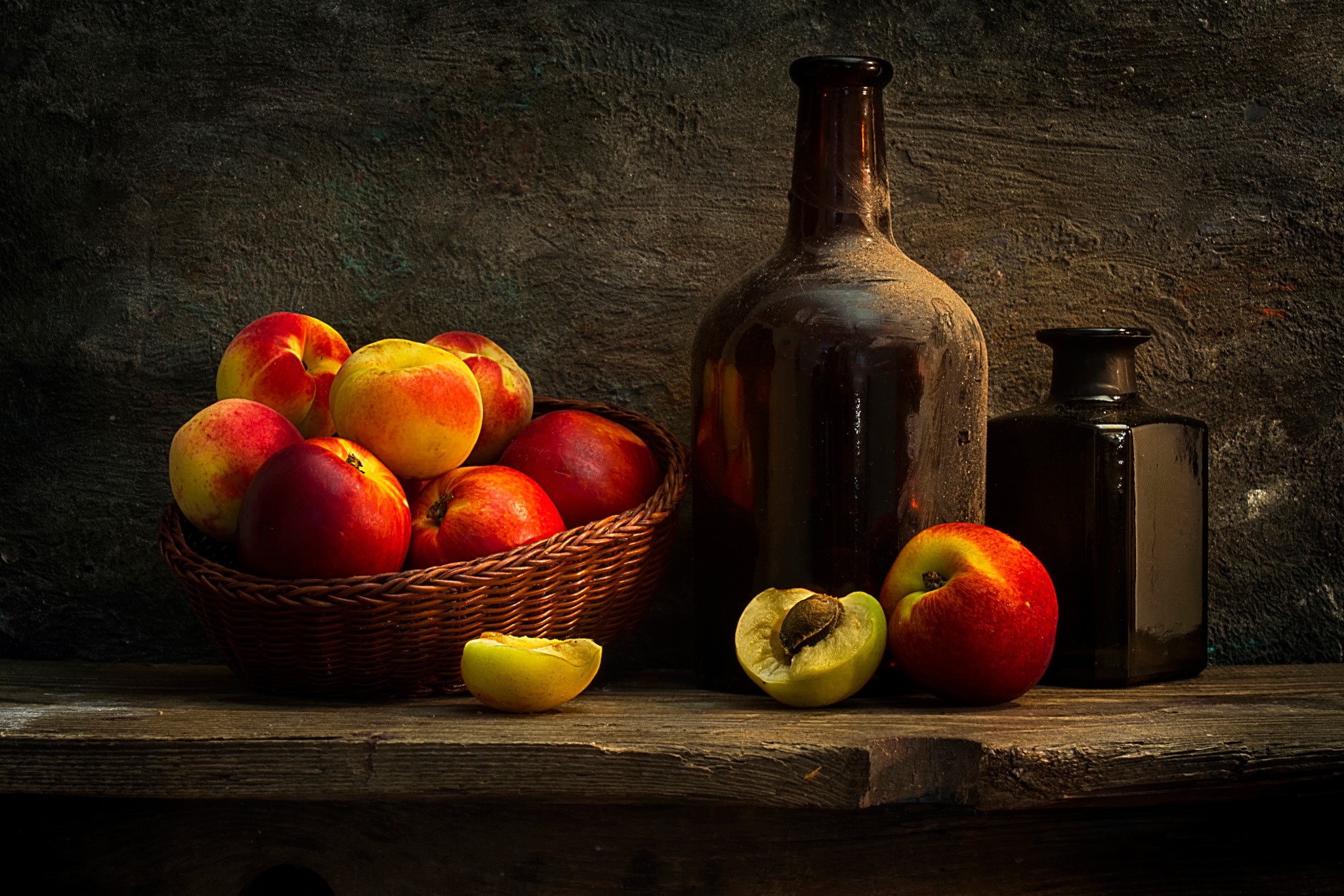 Still-life with peaches and bottles HD Wallpaper