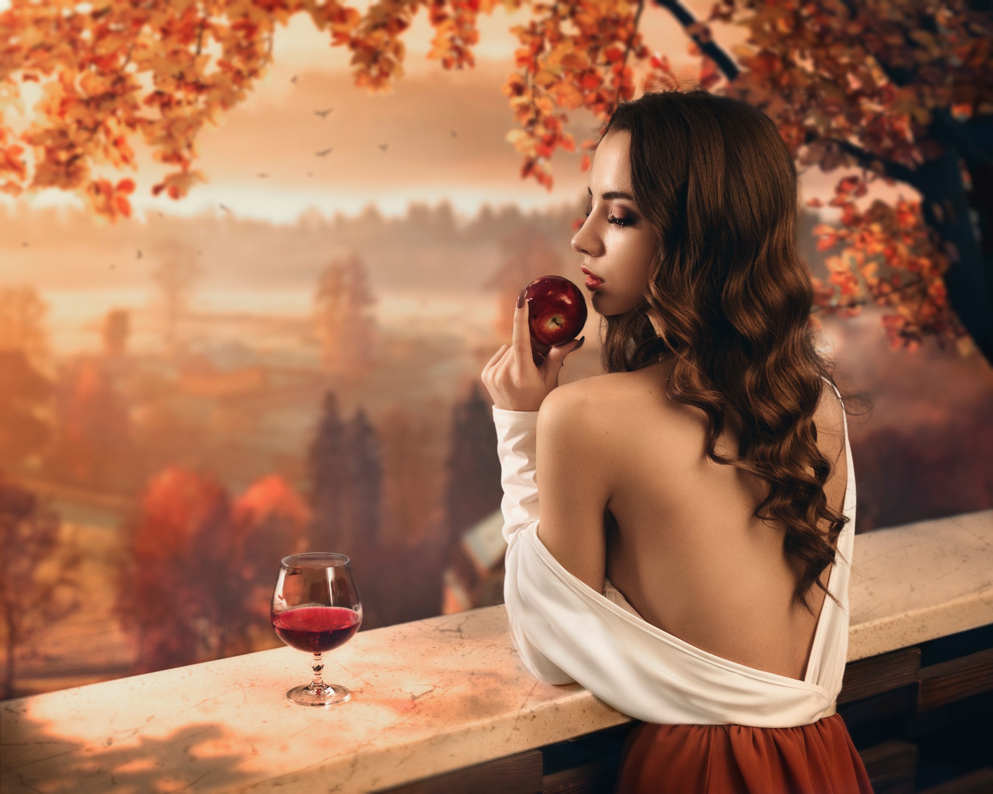 Woman with apple and wine in autumn landscape HD Wallpaper