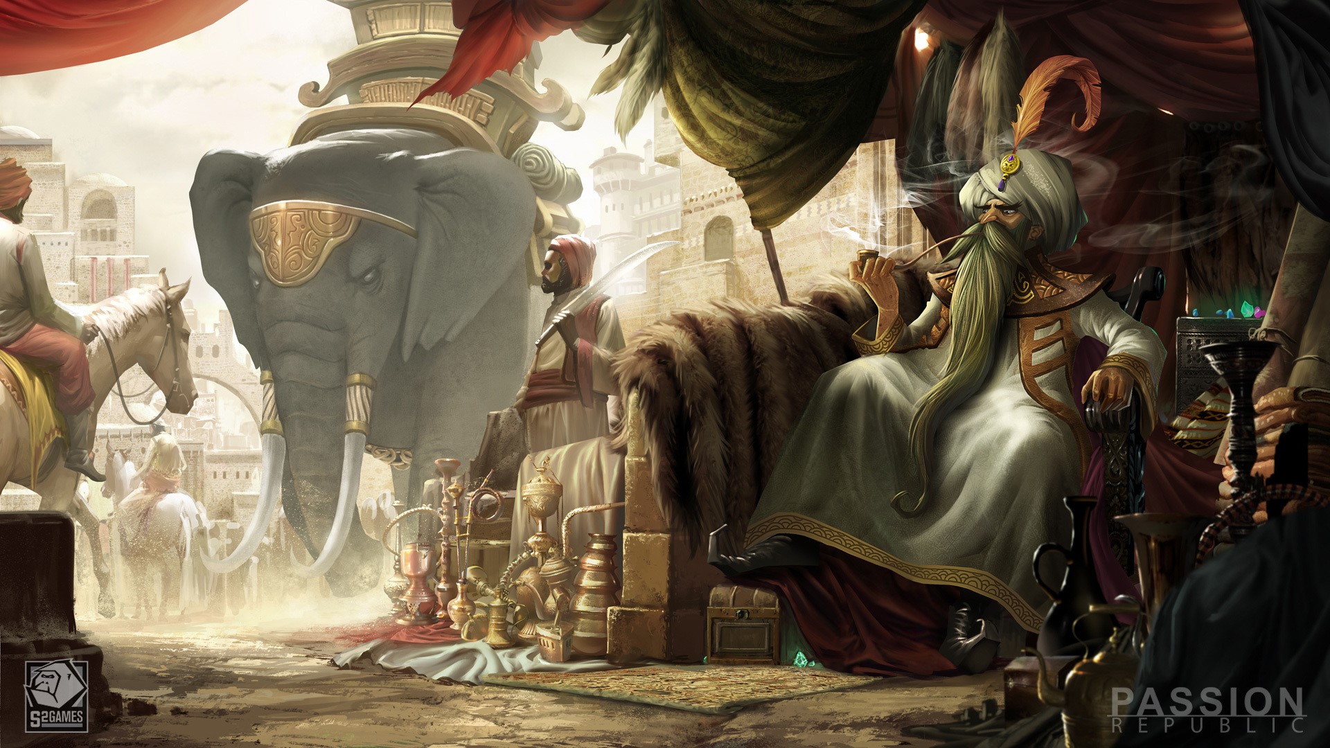 Strife MOBA Elephant and Bearded Man Smoking Pipe HD Wallpaper