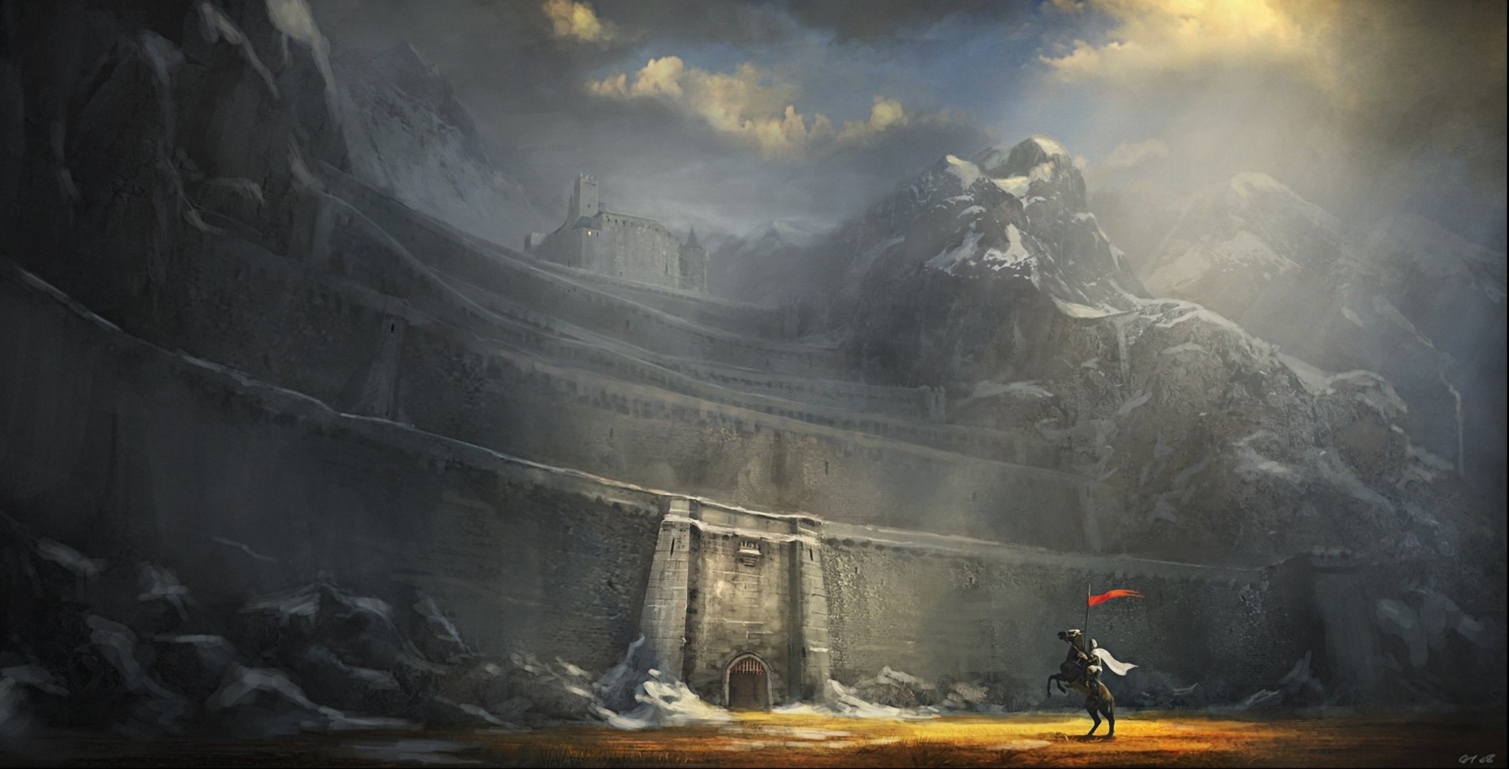 Knight on horseback before a mountain fortress HD Wallpaper