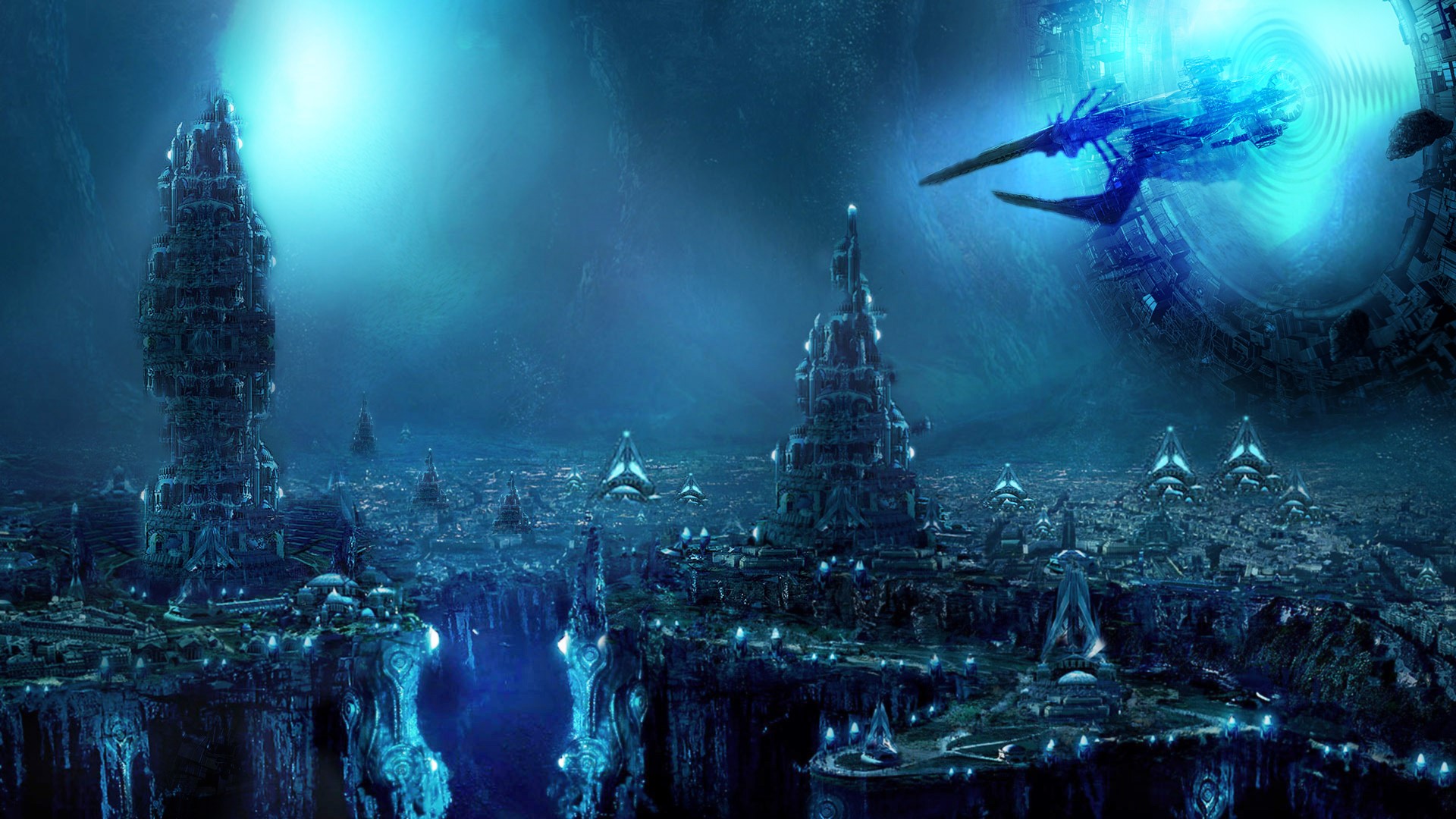 Sci-fi city with futuristic castles and a spaceship HD Wallpaper