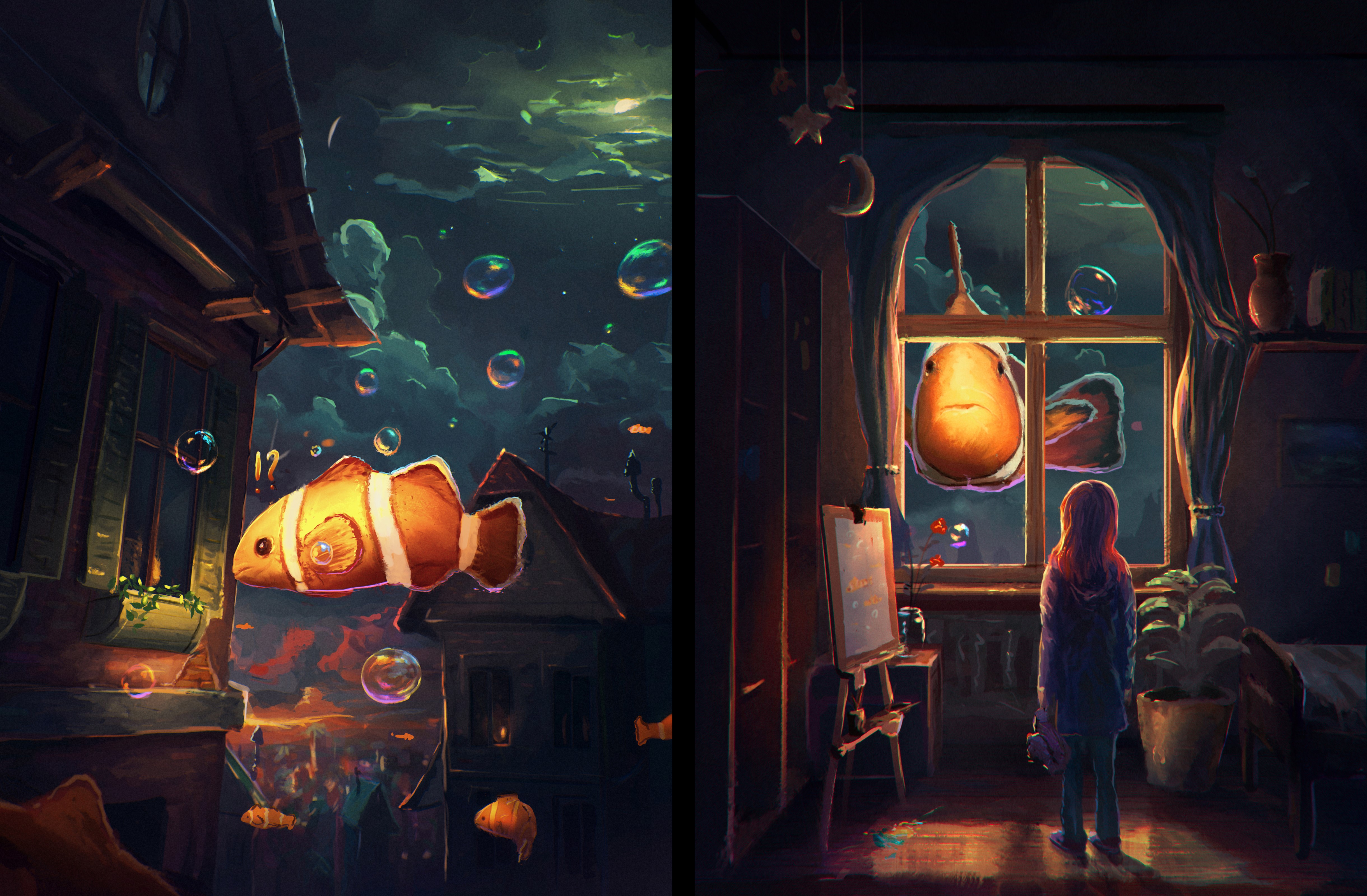 Clownfish and girl in a surreal underwater room HD Wallpaper