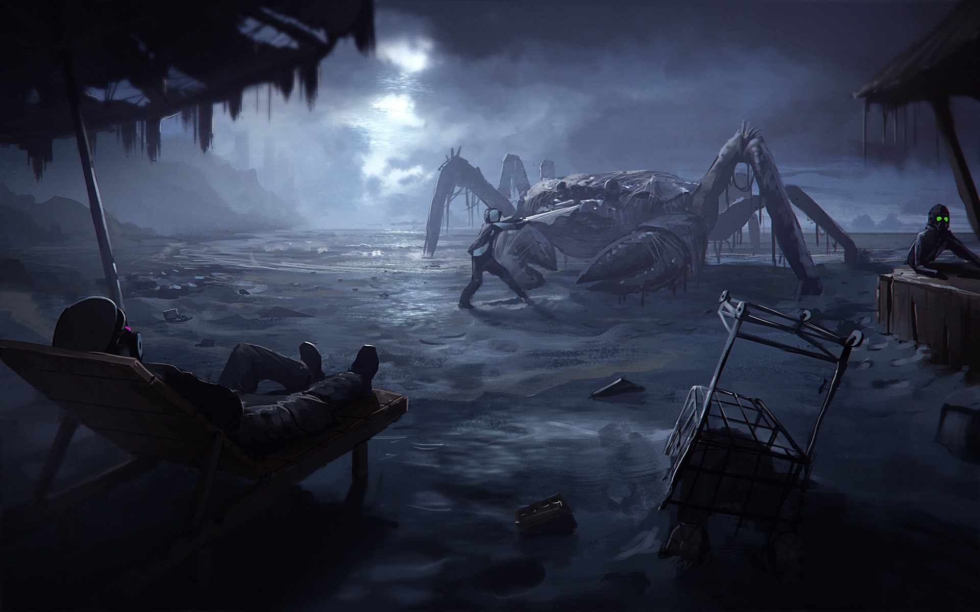 Post-apocalyptic beach with giant crab monster and survivors HD Wallpaper