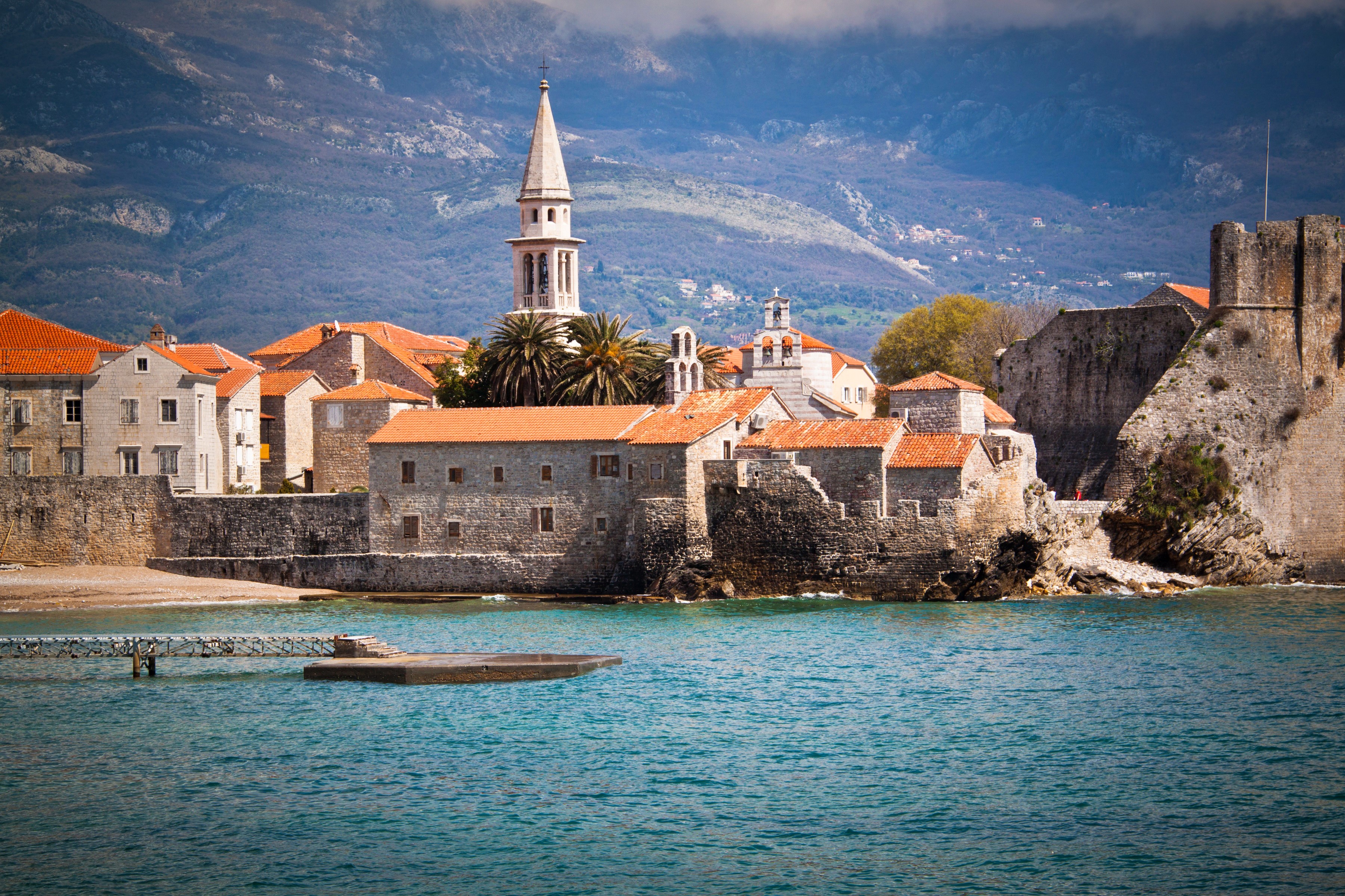 Budva, Montenegro Old Town with a bell tower and sea HD Wallpaper