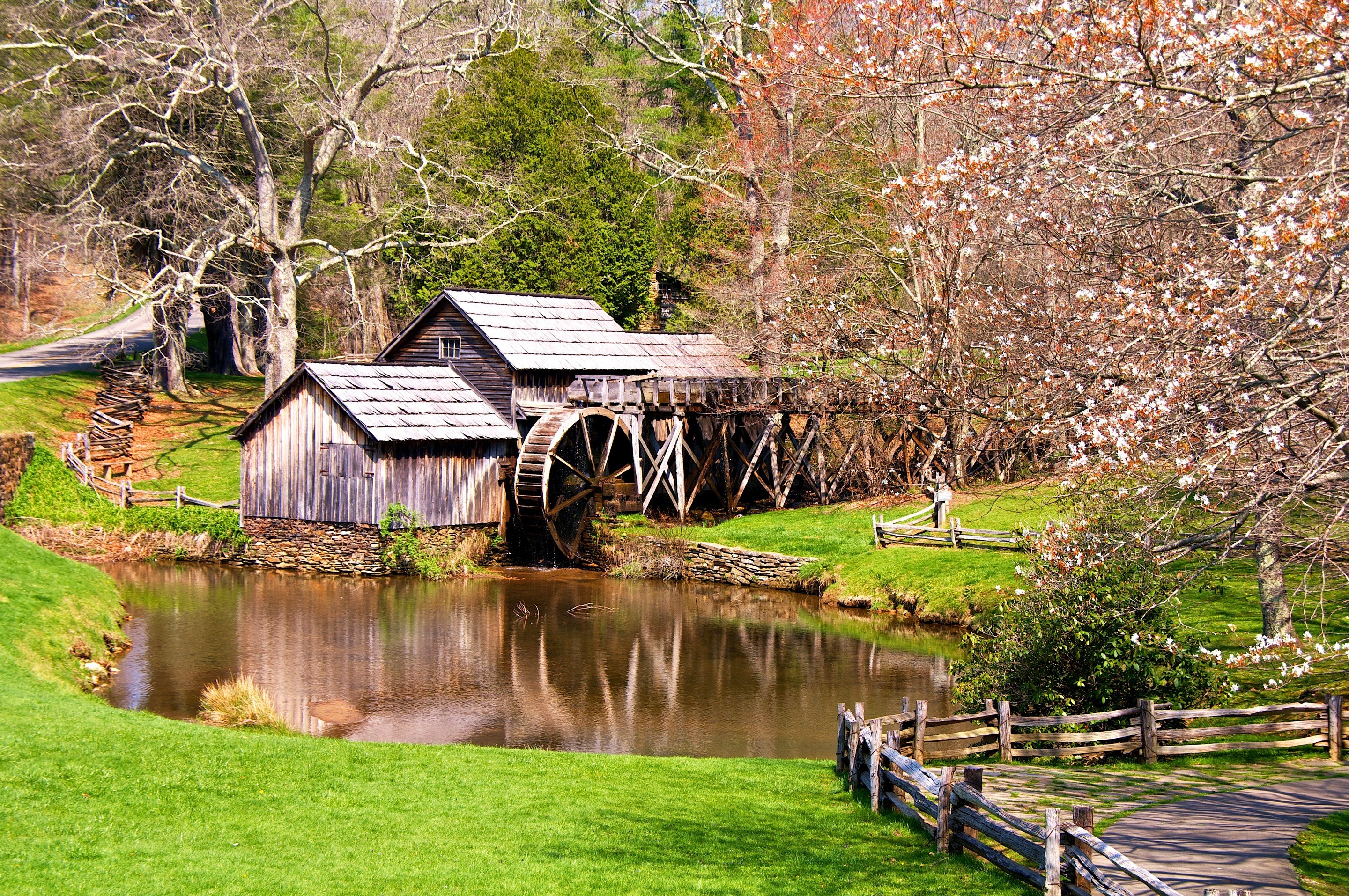 Old watermill by a pond with blooming trees HD Wallpaper