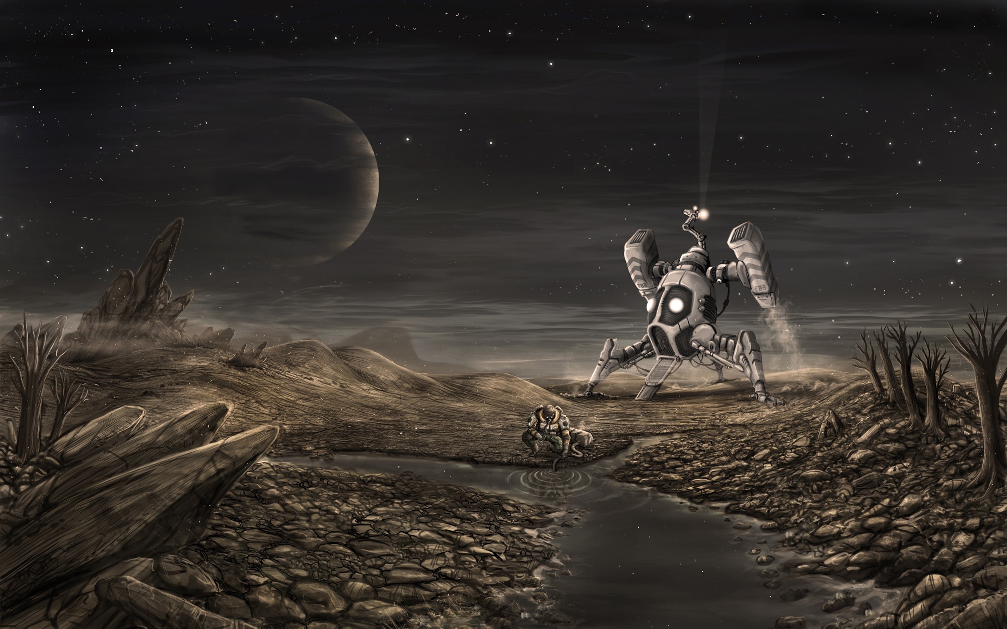 Robot and creature on alien planet with large moon HD Wallpaper