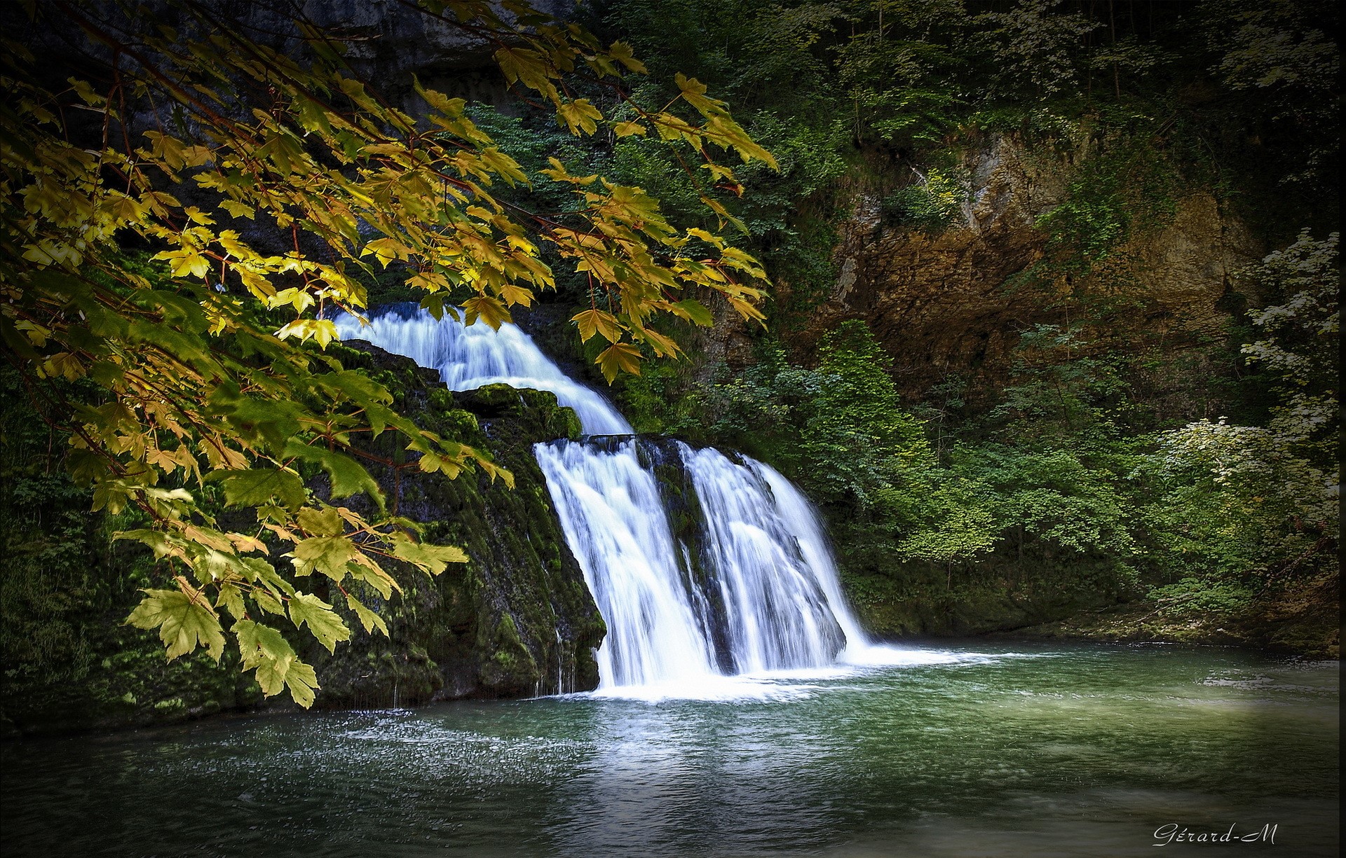 Waterfall in autumn with yellow leaves HD Wallpaper