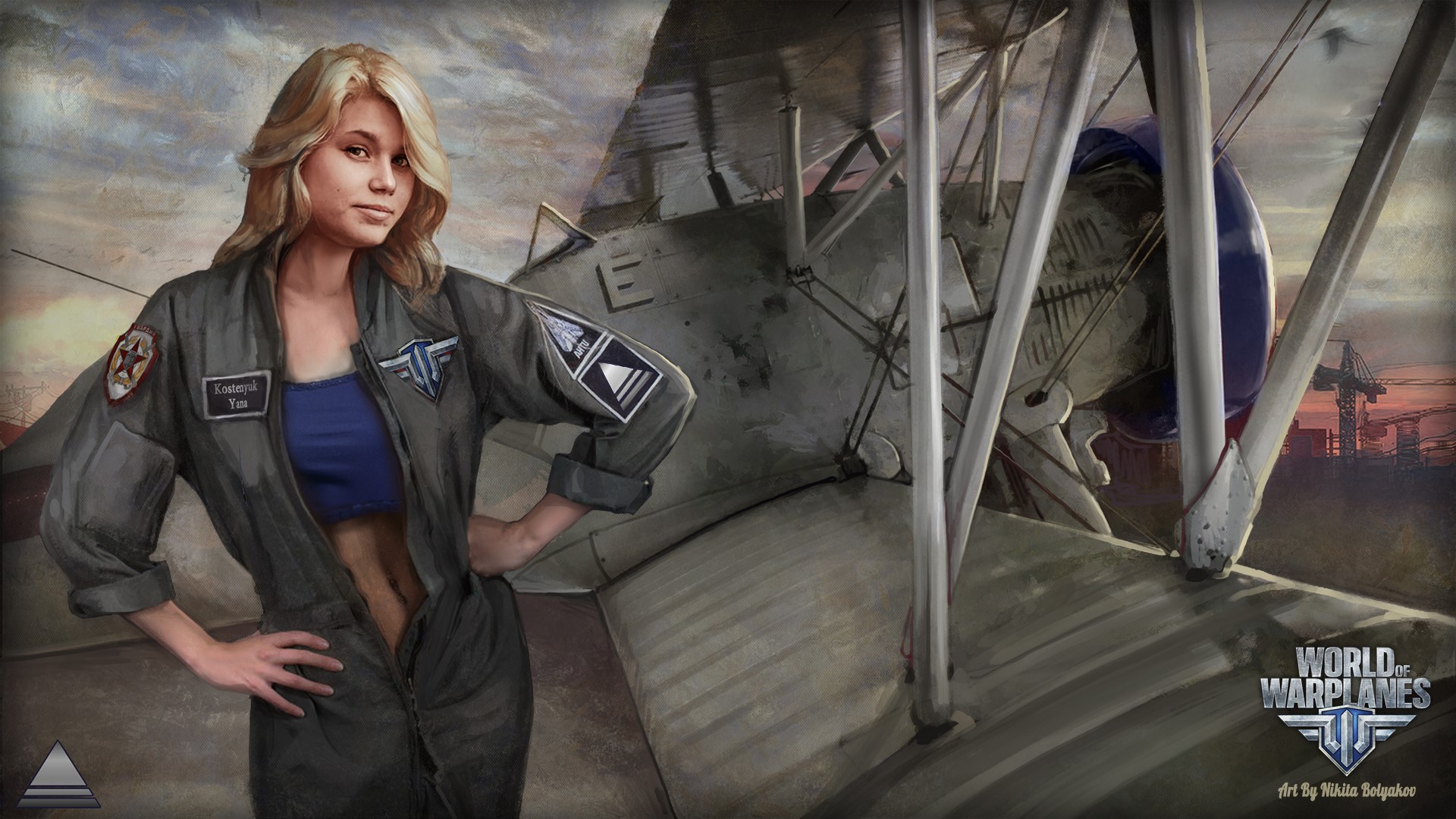 Woman in pilot uniform with World of Warplanes biplane HD Wallpaper