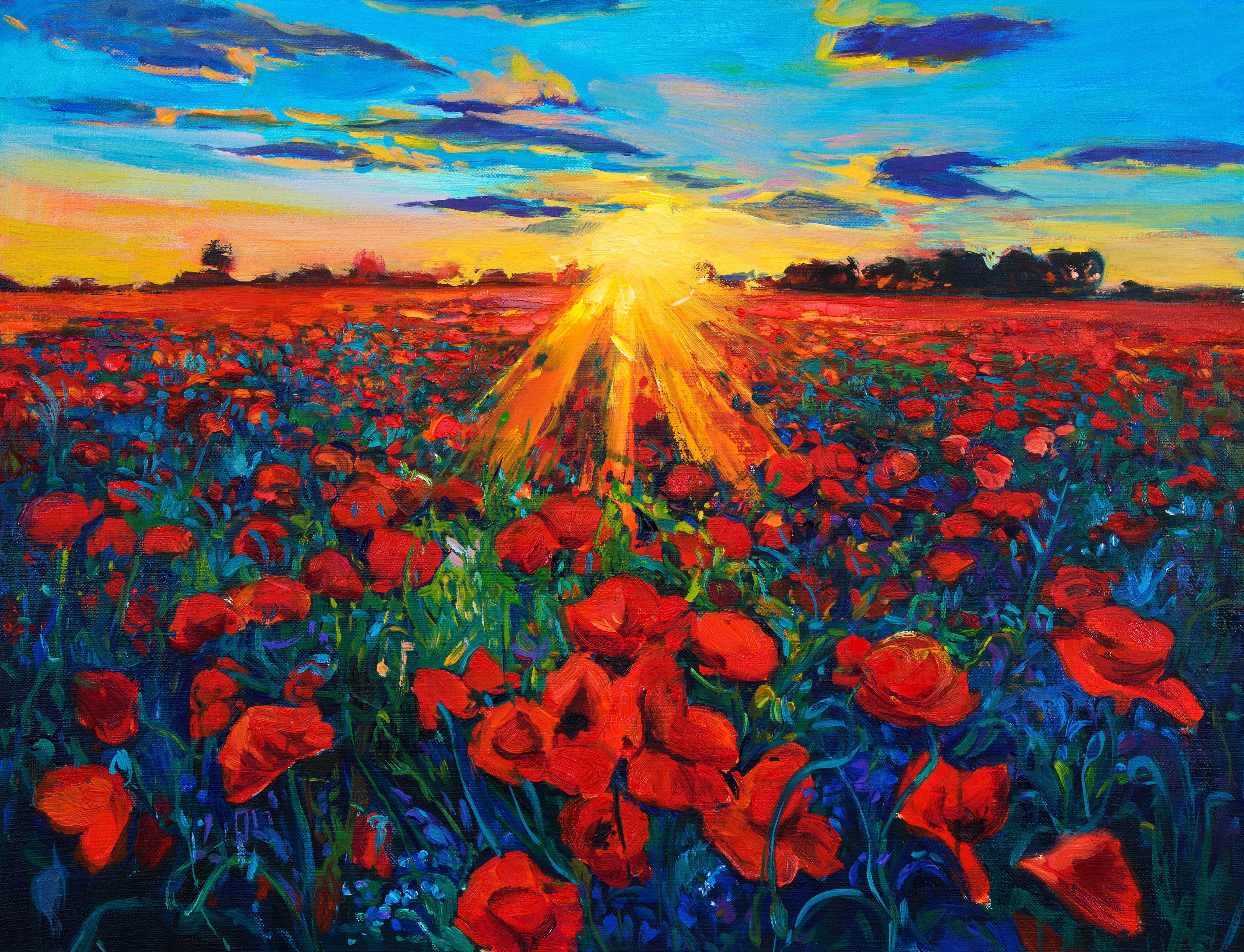 Field of Poppies at Sunrise Painting HD Wallpaper