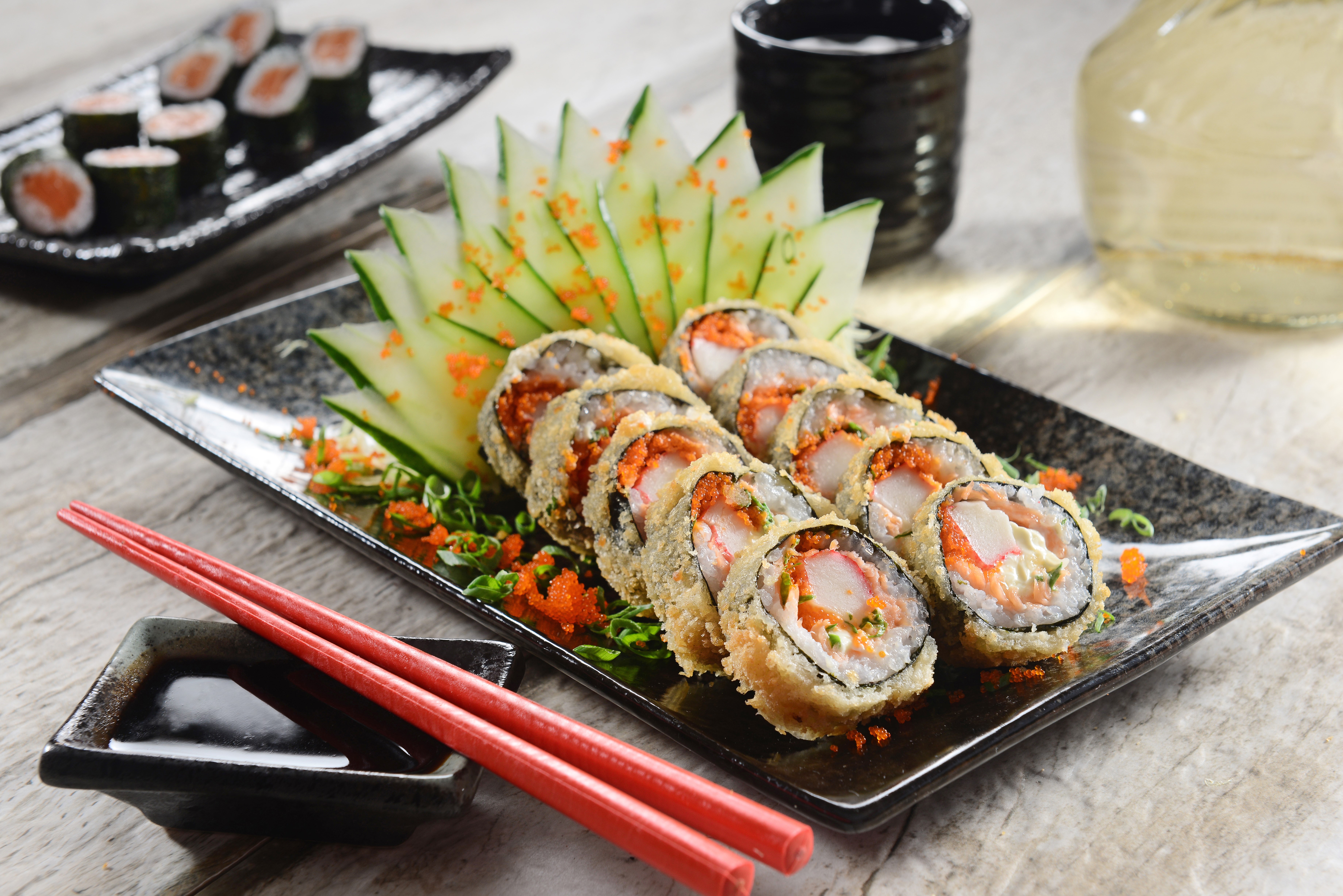 Sushi with Cucumbers and Soy Sauce HD Wallpaper