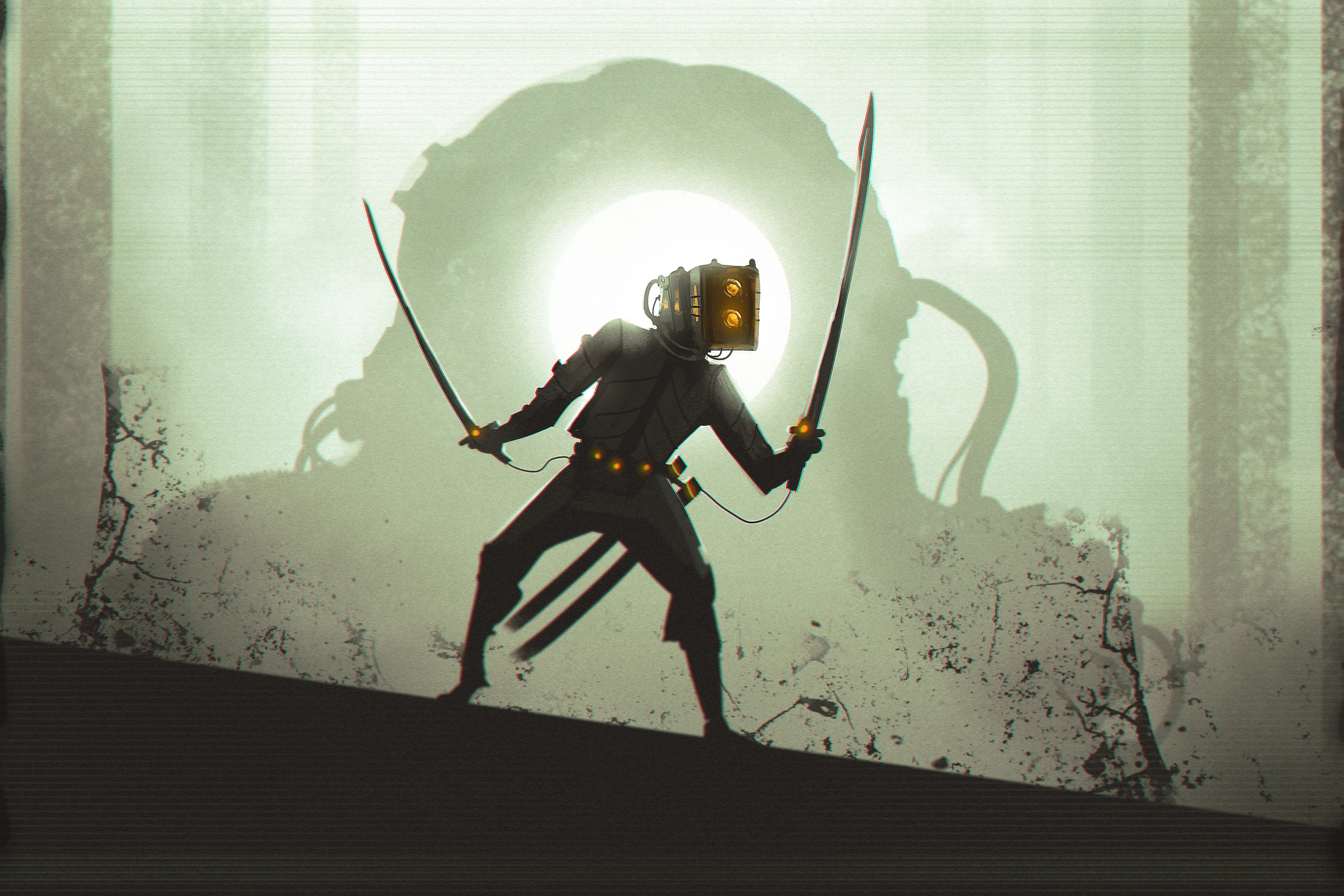 Robot with two swords facing a giant creature HD Wallpaper