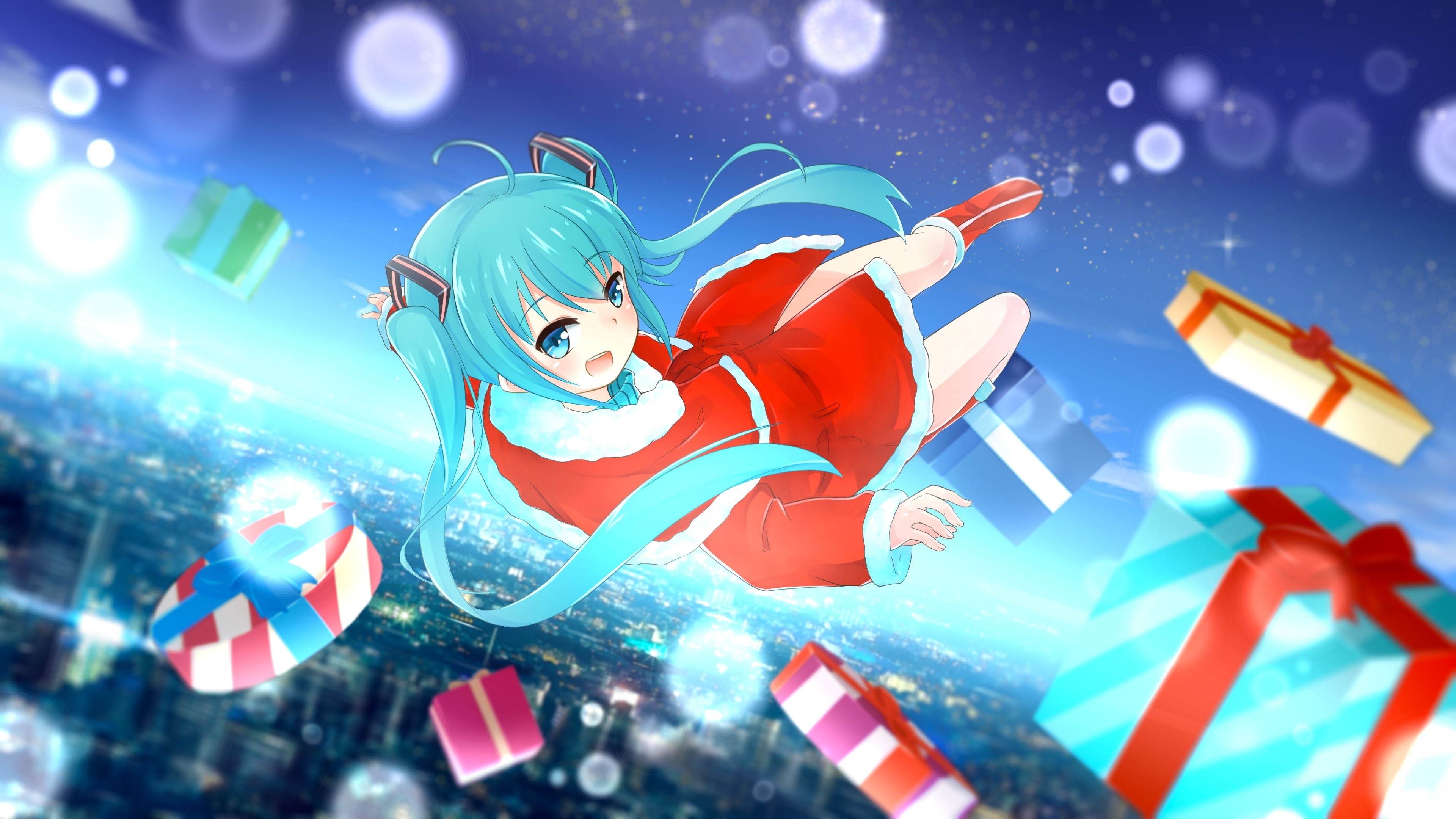 4K Hatsune Miku from Vocaloid with Christmas Gifts HD Wallpaper