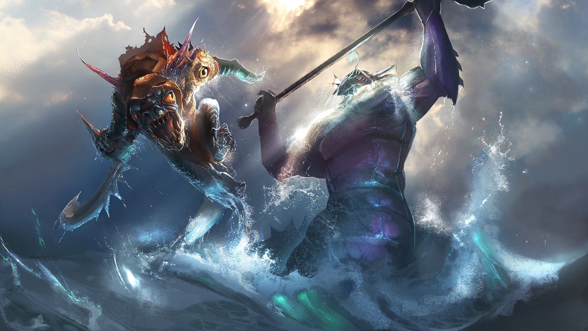 Slardar and Slark from DOTA 2 battling in water HD Wallpaper